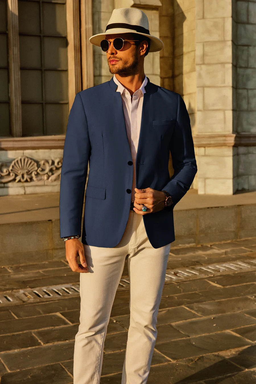 Men's Casual Suit Two-Button Blazer Jacket with Mandarin Collar - Slim Fit Sport Coat for Business, Office, and Formal Occasions