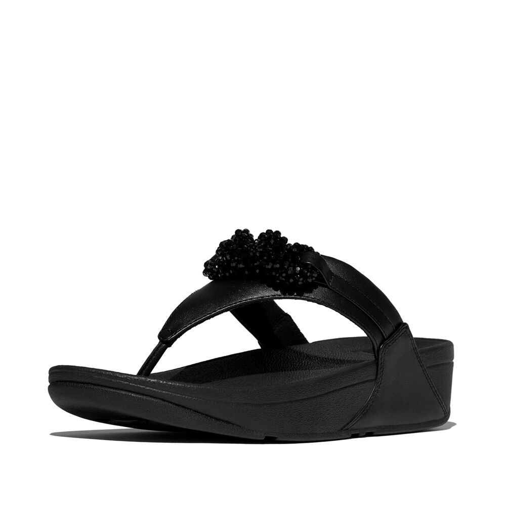 FitFlop Lulu Beaded Chain Leather Sandals for Women - Comfortable Black Slide Sandals with Adjustable Straps | Perfect for Beach, Vacation & Summer Outfits