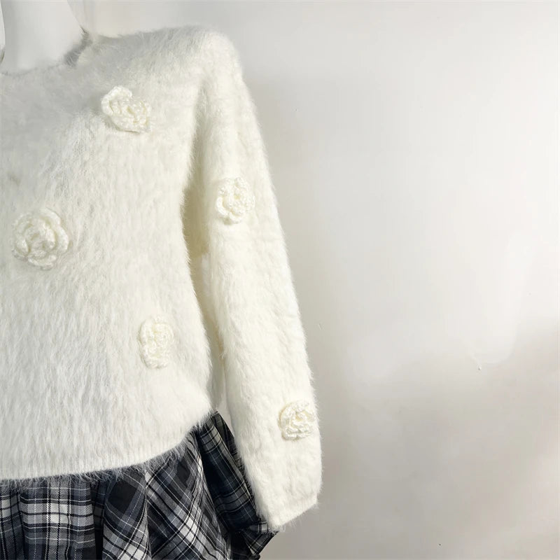 Women's White Mink Flower Embroidered Knit Sweater - Retro Round Neck Long Sleeve Pullover for Autumn Winter | Cozy Vacation Outfit, Casual Wear & Holiday Fashion