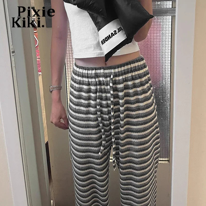 Y2K Black and White Striped Knitted Pants for Women - Cozy High Waist Drawstring Baggy Pants | Fall Winter Fashion | Perfect for Casual Outfits, Streetwear & Loungewear