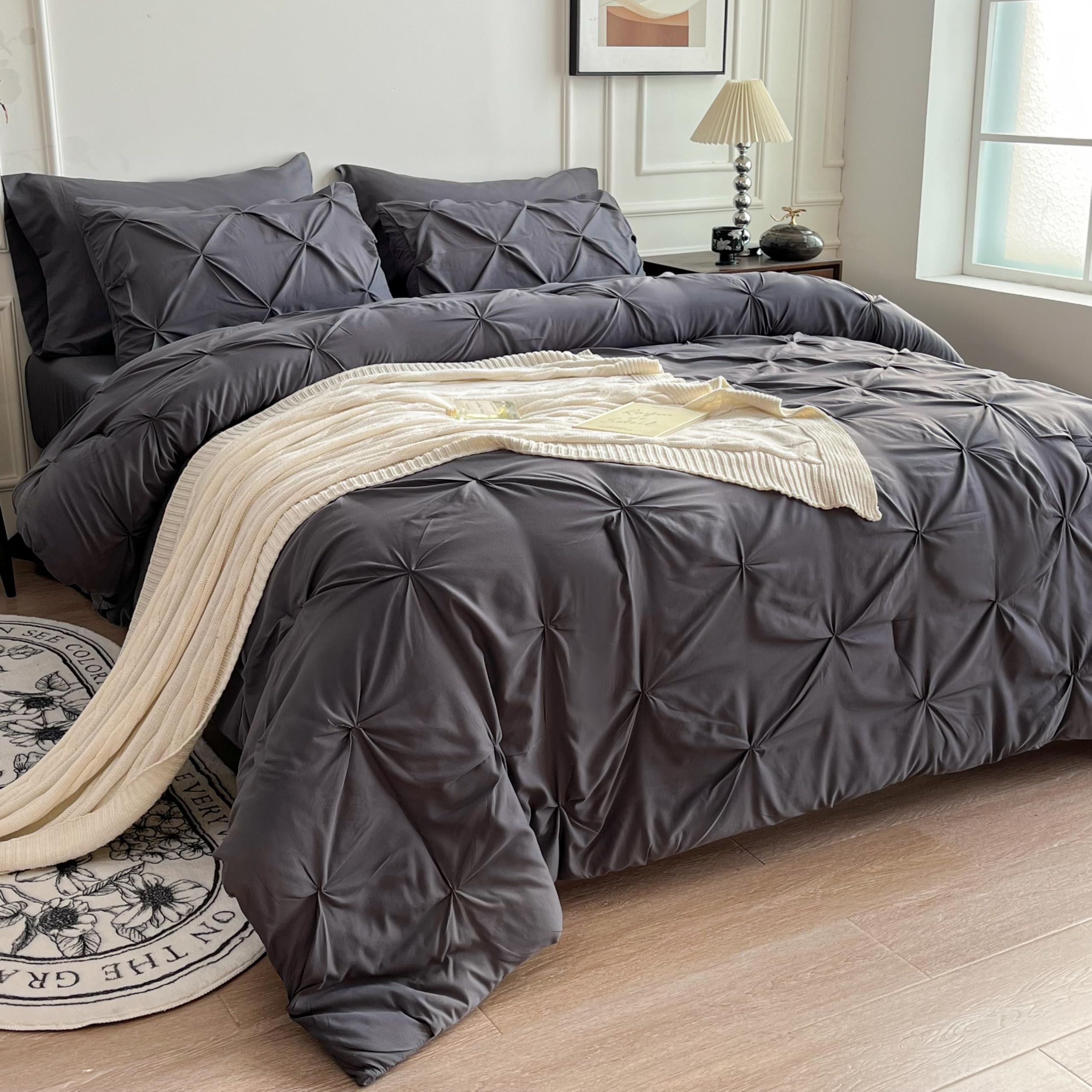 Maple&Stone 7-Piece King Size Comforter Set - Pintuck Bedding in a Bag with Comforter, Sheets, Pillowcases & Shams, Dark Grey - Luxury Bedroom Decor for Master Suite, Guest Room & Hotel Style Bedding