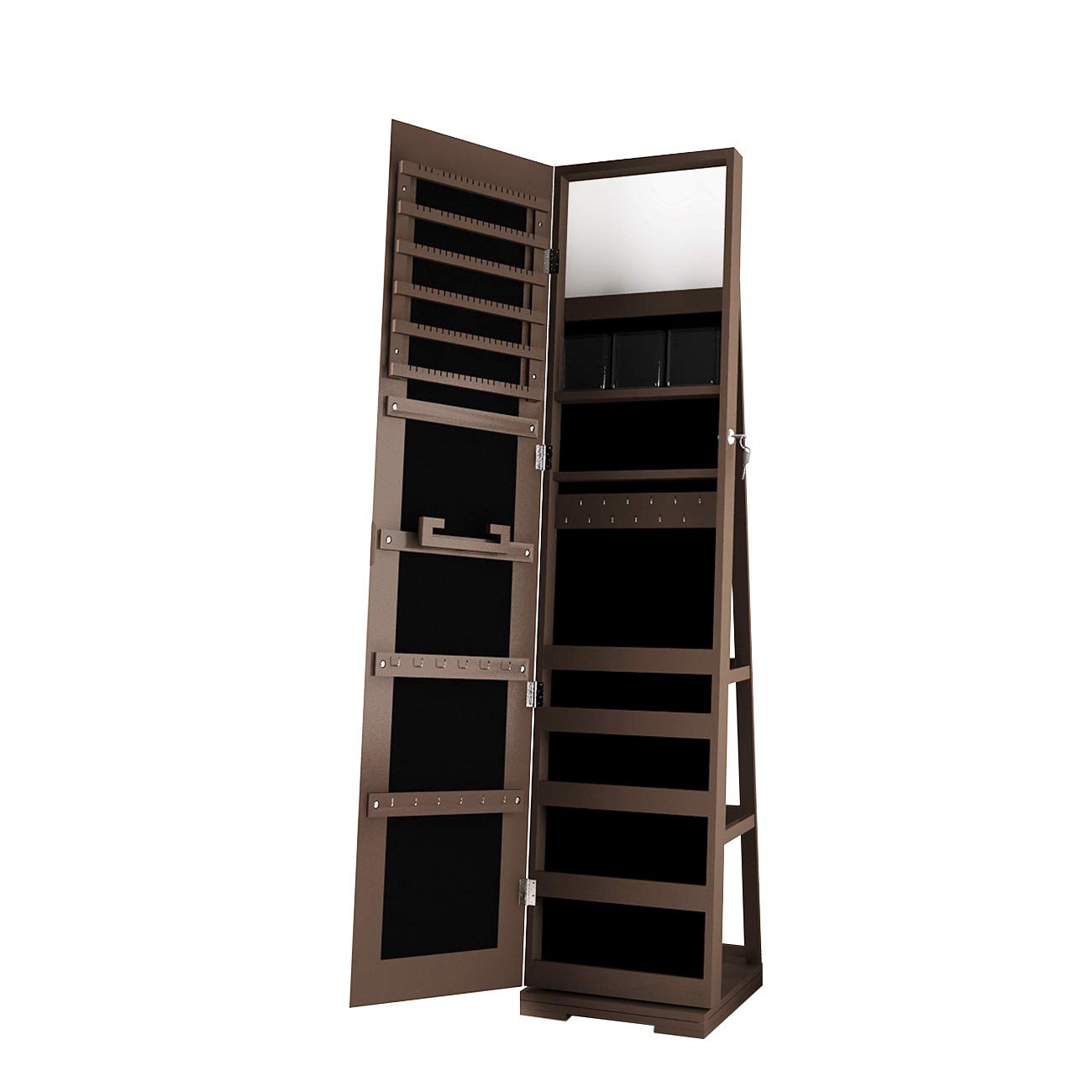 SogesGame 63x15 Inch Full Length Mirror Jewelry Cabinet with Lockable Storage - Wall/Door Mount Jewelry Armoire Organizer for Women - Brown - Perfect for Bedroom, Closet & Dressing Room Organization