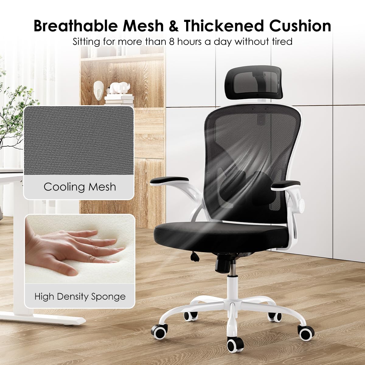 Farini Ergonomic Office Chair - Adjustable High Back Computer Desk Chair with Headrest, Lumbar Support & Flip-Up Armrests for Home Office, Study, Bedroom (White/Black) - Perfect for Long Work Hours, Gaming & Remote Work