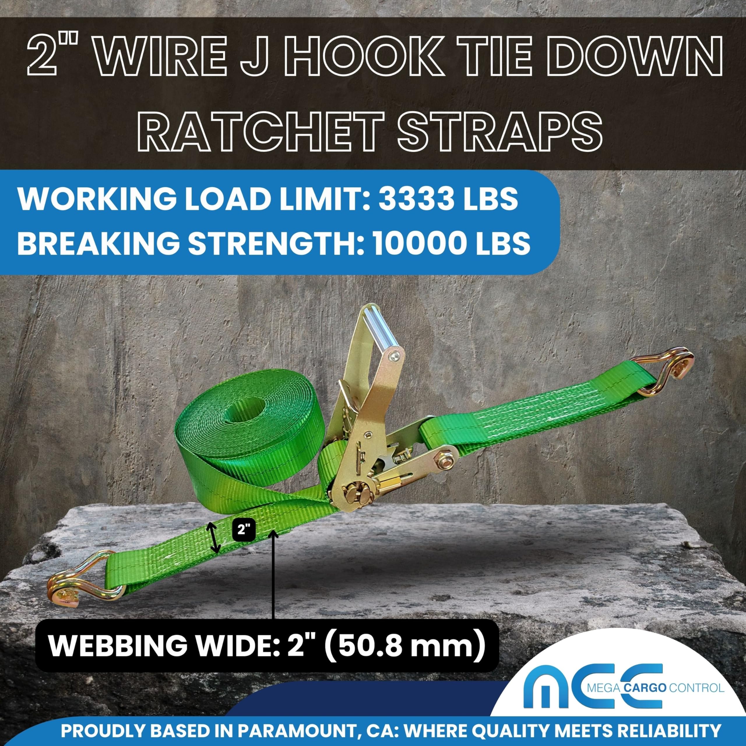 Heavy Duty J Hook Ratchet Straps (2-Pack) - 2 Inch x 50 Foot, 10,000 lbs Break Strength - Green Tie Down Straps for Flatbed Trailers, Trucks & Cargo Securing - Perfect for Transporting ATVs, Motorcycles & Heavy Equipment
