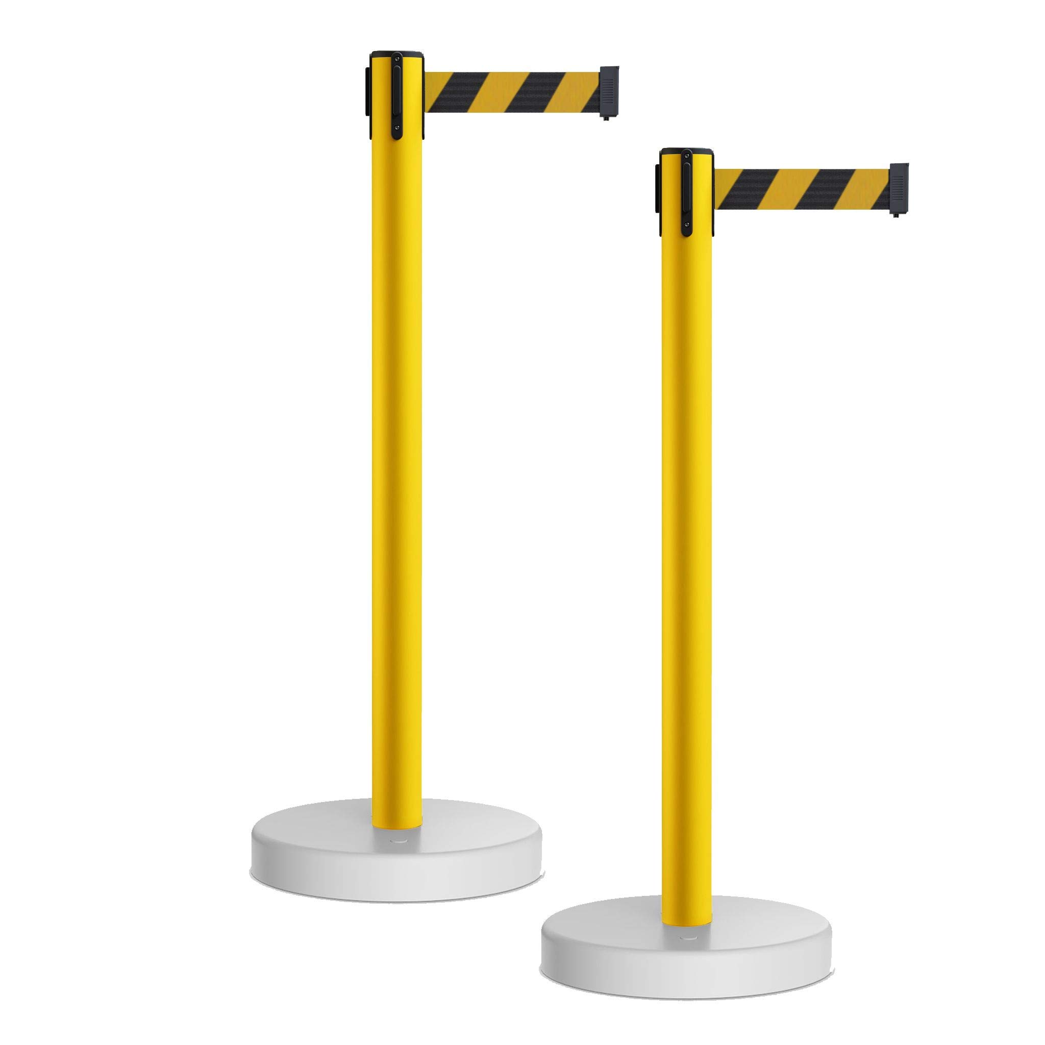 CCW Set of 2 Retractable Belt Barrier Stanchions with Water Fillable Base - 11 Foot Black/Yellow Belt & Yellow PVC Plastic Posts for Crowd Control in Warehouses, Events & Retail Stores