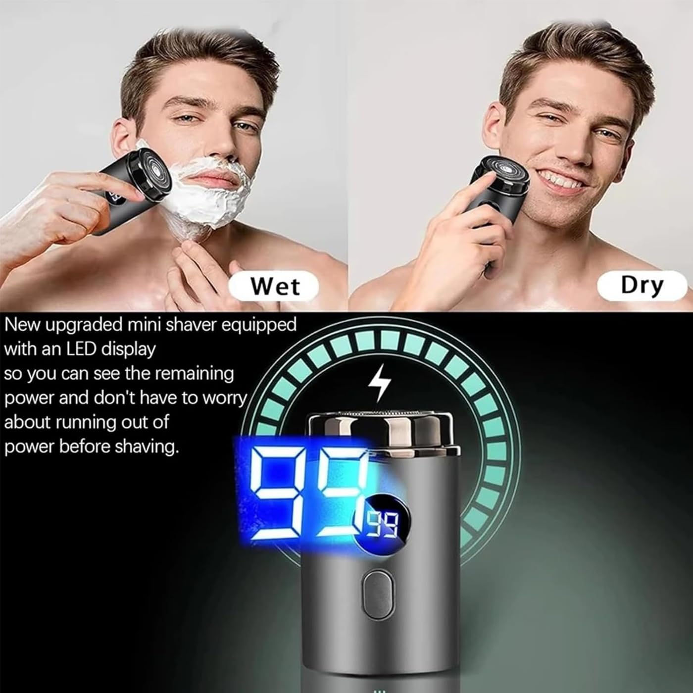 Mini Portable Electric Razor for Men - IPX7 Waterproof USB Rechargeable Shaver with Digital Display | Pocket Beard Trimmer for Travel, Office & Car | Compact Size 1.57×1.57×2.75in (Blue) | Perfect for Business Trips, Gym & Daily Grooming