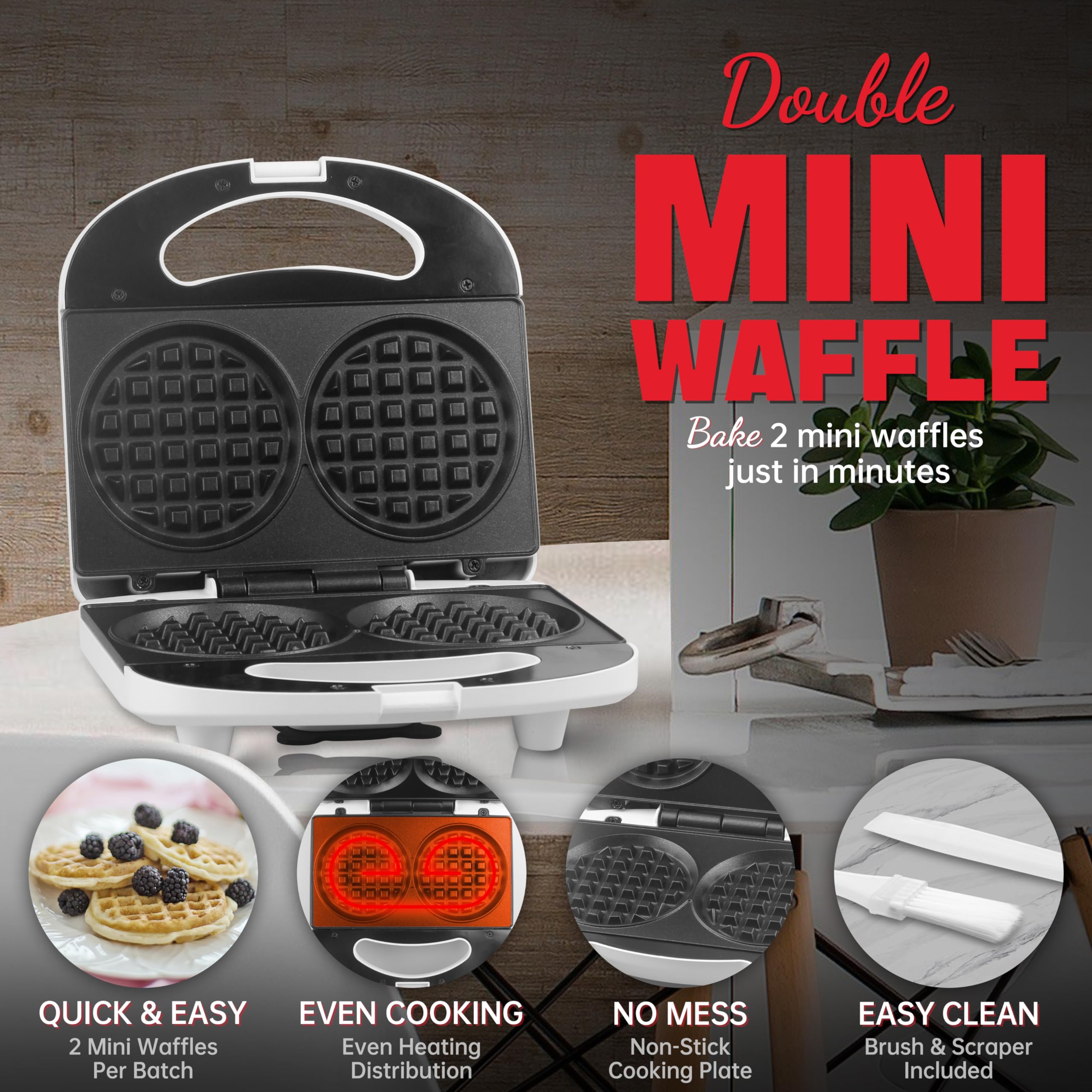 Double Mini Waffle Maker - 4 Inch Electric Chaffle Maker for Keto Waffles, Hash Browns & Cookies | Perfect for Keto Diet, Breakfast & Snacks | Compact & Non-Stick Waffle Iron