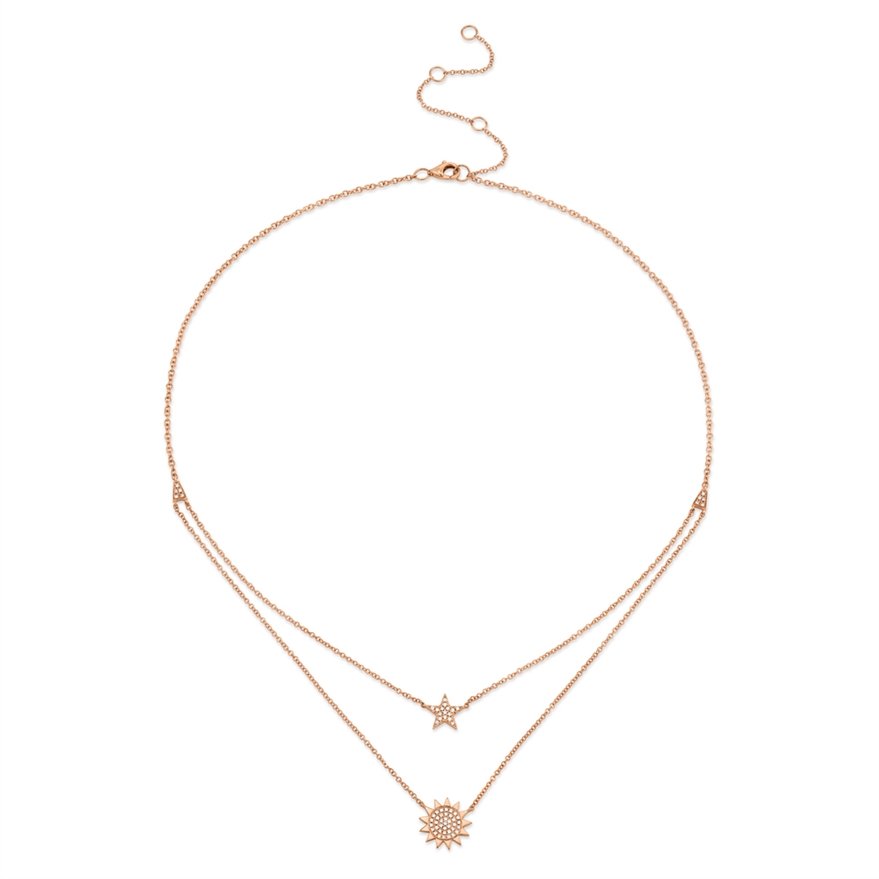 14K Gold 0.14 CTW Diamond Pave Sun and Star Pendant Necklace - Perfect for Birthdays, Anniversaries & Everyday Elegance