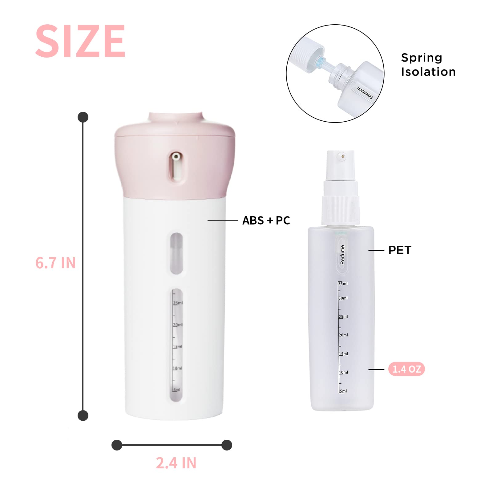 2 Pack 4 in 1 Travel Dispenser Bottles - Leak Proof TSA Approved Containers for Toiletries, Shampoo, Conditioner & Lotion - Perfect for Airplane Carry-on & Camping Trips (Pink & Gray)