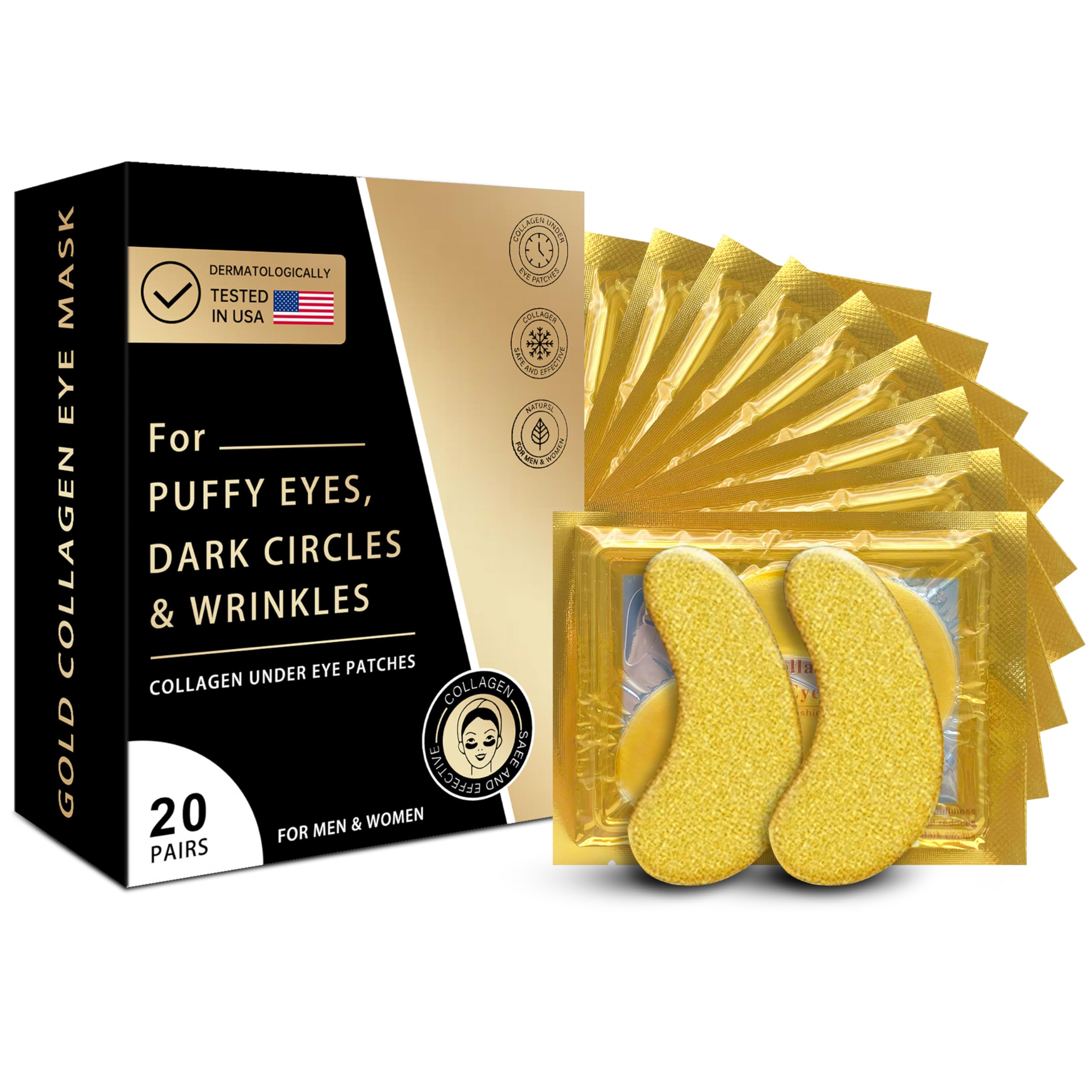 Golden Eye Mask 20 Pairs - Collagen & Hyaluronic Acid Under Eye Patches for Dark Circles, Puffiness & Wrinkles - Rejuvenating Eye Gels for Men & Women - Perfect for Overnight Treatment, Travel & Daily Skincare Routine