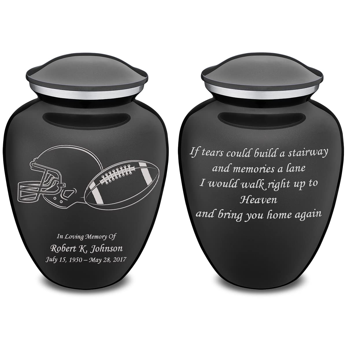 Personalized Football Cremation Urn for Ashes - Large Charcoal Funeral Urn for Men & Women with Double-Sided Engraving (Holds 200 lbs) - Perfect for Memorializing Sports Lovers & Honoring Loved Ones