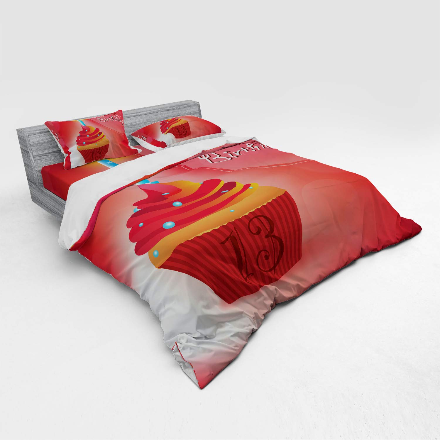Ambesonne 13th Birthday Bedding Set - King Size 4-Piece Duvet Cover with Shams & Fitted Sheet - Delicious Cupcake with Blue Candle Design - Red Orange Blue Happy Ceremony Theme - Perfect for Teen Room Decor & Birthday Party Celebration