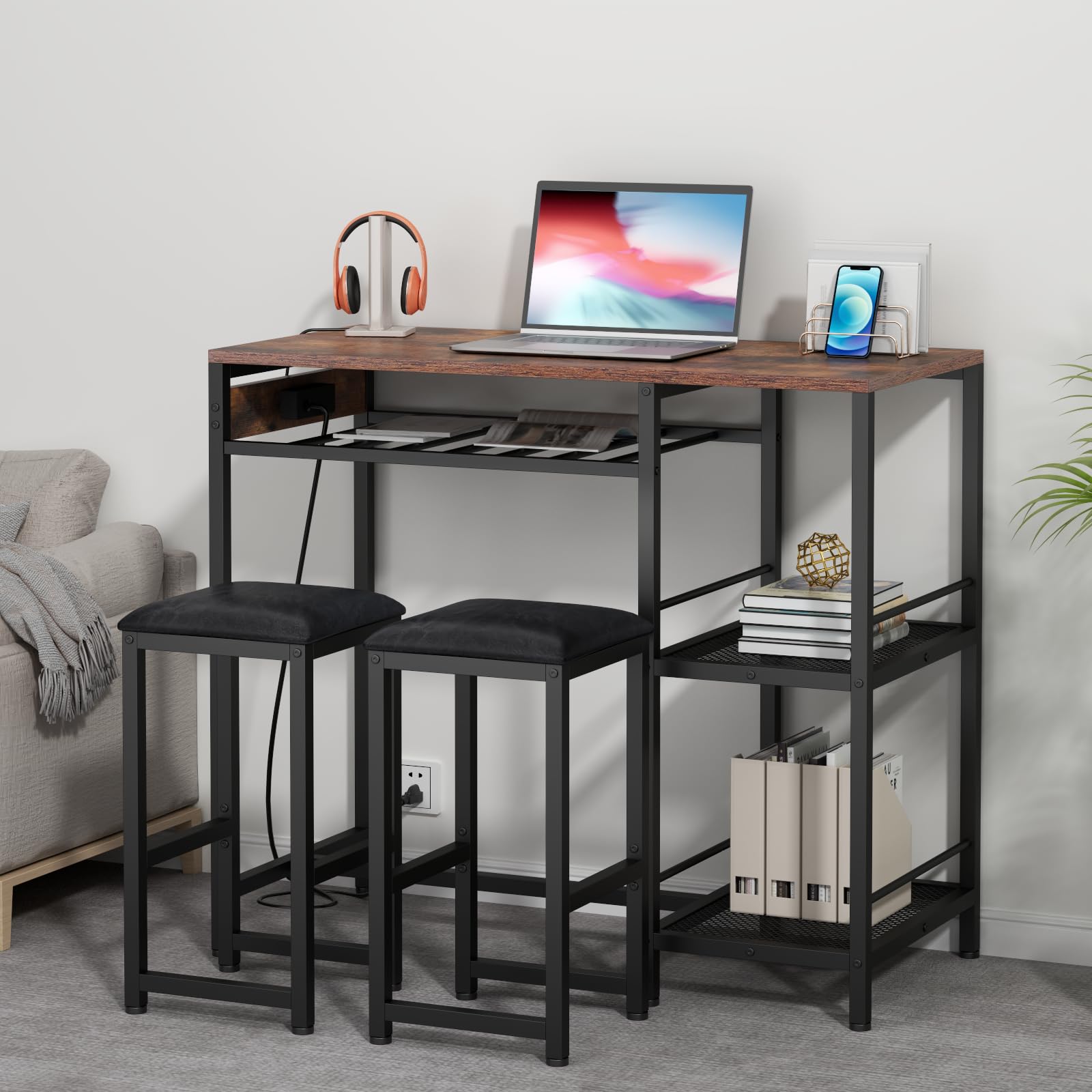 Rustic Bar Table and Chairs Set with Power Outlet, 3-Piece Pub Table Set for 2 with Storage Shelves, Wine Rack & Glass Holder - Perfect for Living Room, Dining Room, Small Apartment, and Outdoor Patio