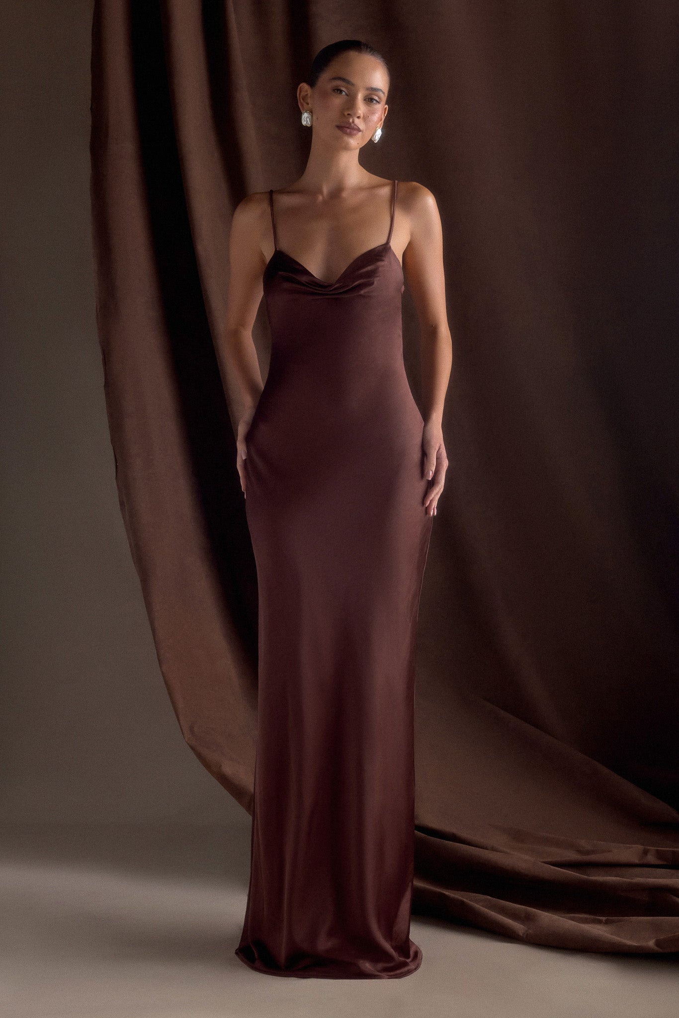 Lilly Sweetheart Satin Maxi Dress - Dark Chocolate | Elegant Formal Gown for Weddings, Prom & Evening Events