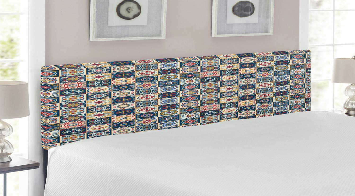 Ambesonne Moroccan Upholstered Headboard King Size - Dark Blue Amber Red Floral Checkered Pattern with Memory Foam | Decorative Metal Bed Headboard for Master Bedroom, Guest Room & Home Decor