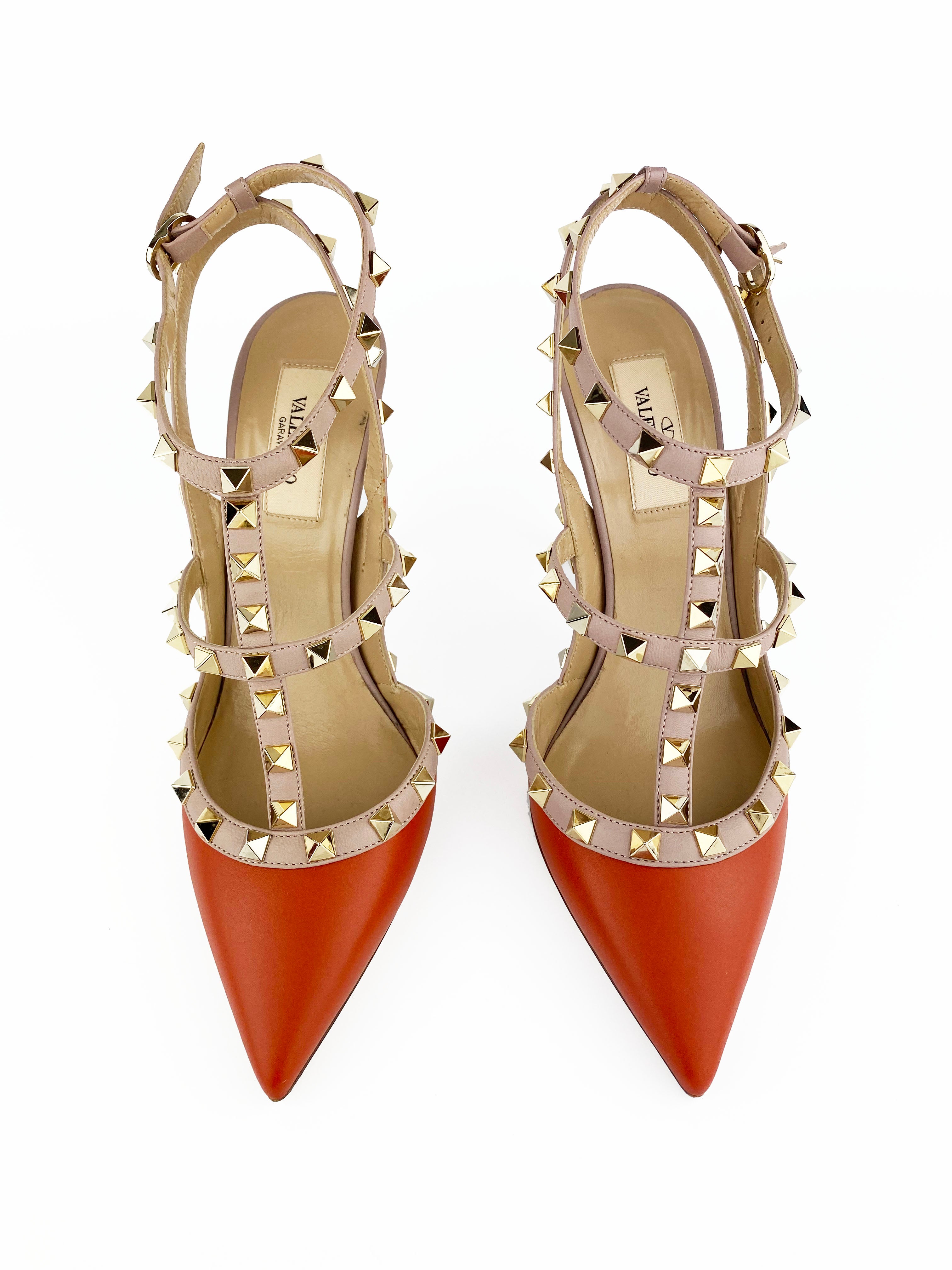 Valentino Rockstud Orange Leather Pumps Size 38 - Women's Luxury High Heels for Parties, Weddings & Special Occasions