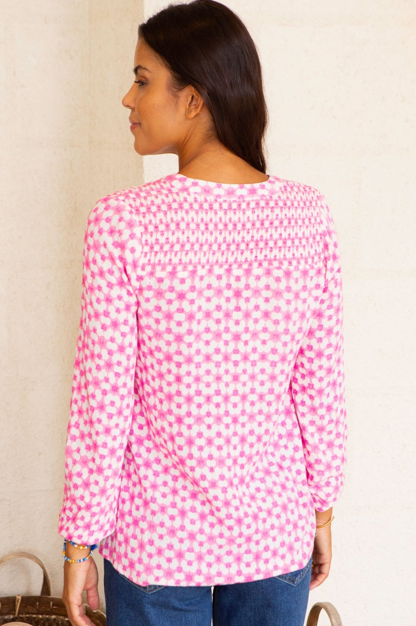 Clea Blouse | Maui Pink & White Floral Print Women's Top | Perfect for Summer Beach Vacations & Casual Outings