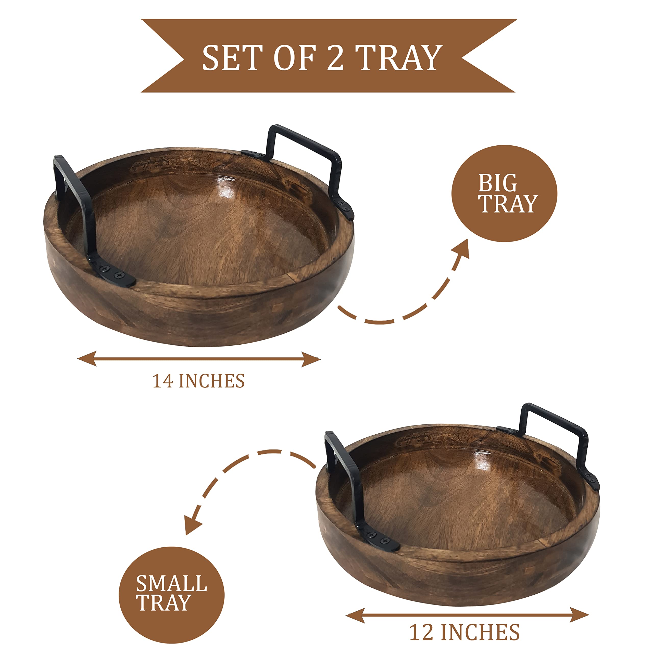 Handcrafted Rustic Wooden Serving Trays Set of 2 - Round Antique Brown Wood Trays with Handles for Kitchen, Dining, Coffee Table Decor & Entertaining