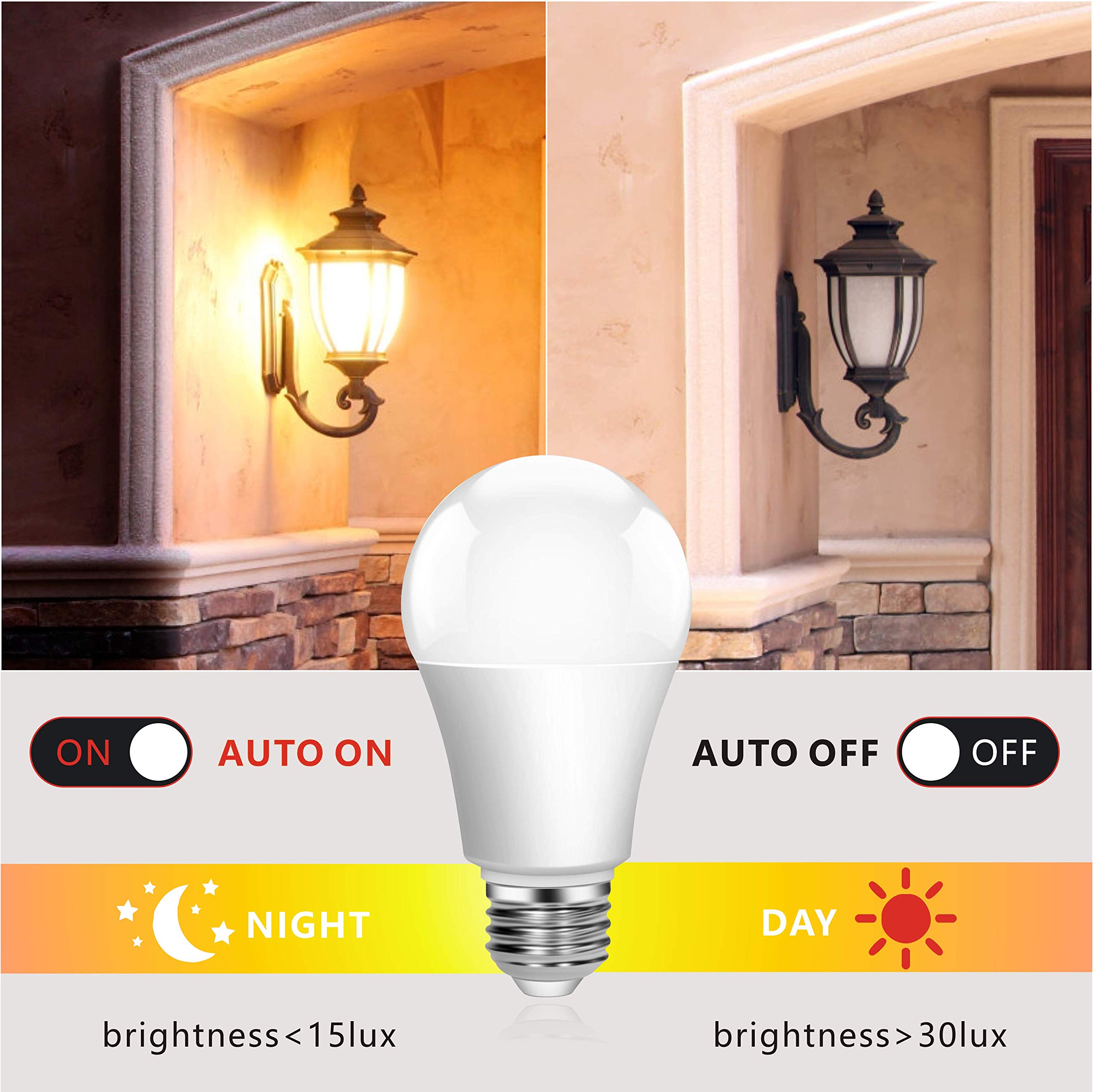 Boxlood Dusk to Dawn LED Light Bulbs with Built-in Light Sensor - 9W 6000K Cool White (60W Equivalent) - A19 E26 Base - Auto On/Off for Indoor & Outdoor Use - Perfect for Porches, Garages, and Security Lighting (2 Pack)