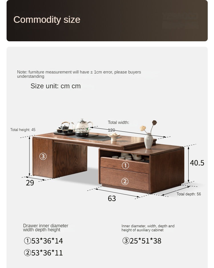 Solid Oak & Black Walnut Retractable Modern Coffee Table - Expandable Dining Table for Small Spaces, Perfect for Living Room, Studio Apartments & Office Use