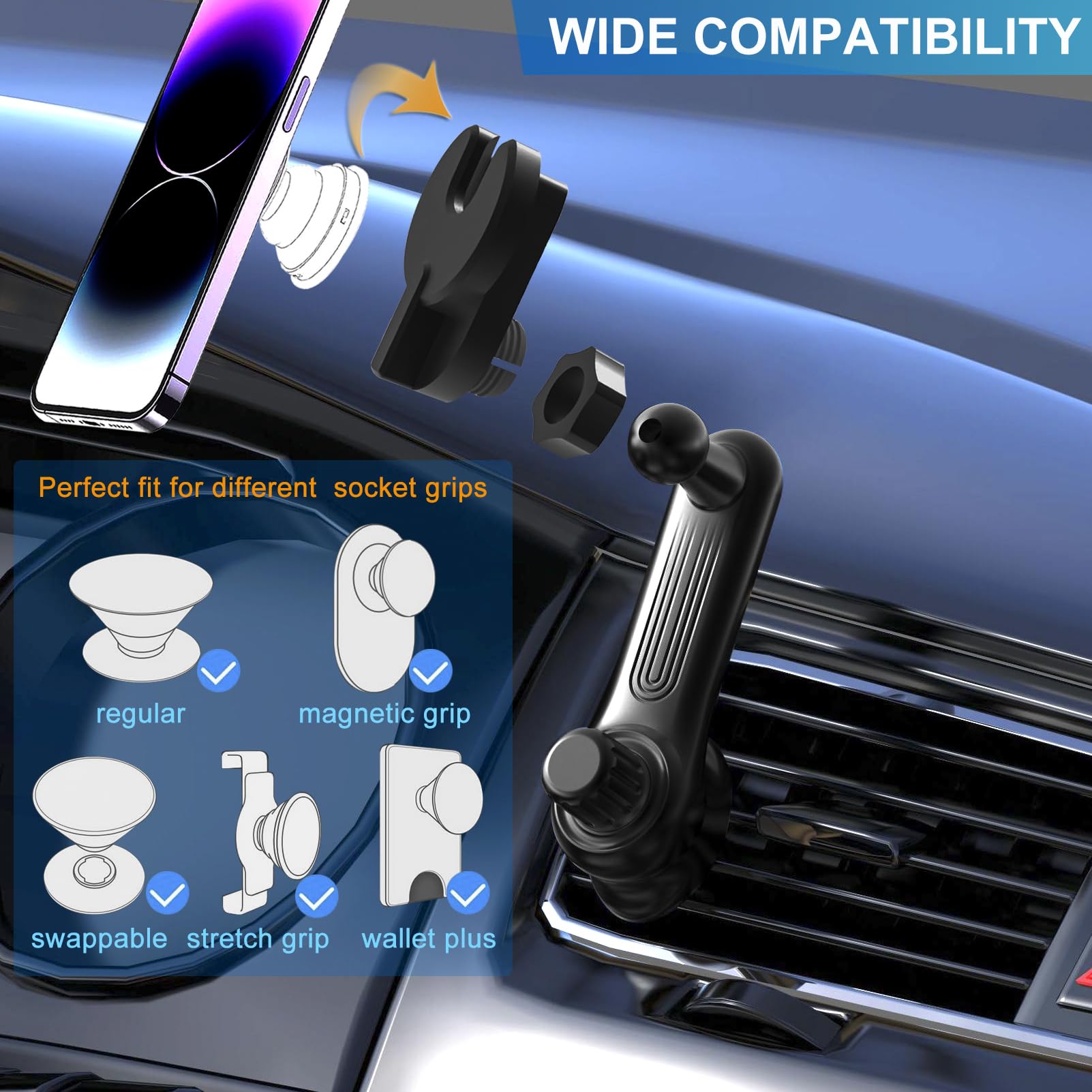 360° Adjustable Car Phone Holder for Air Vent & Socket Mount - Universal Phone Mount Compatible with iPhone, Samsung & All Smartphones - Perfect for Hands-Free Navigation, Music Control & Safe Driving