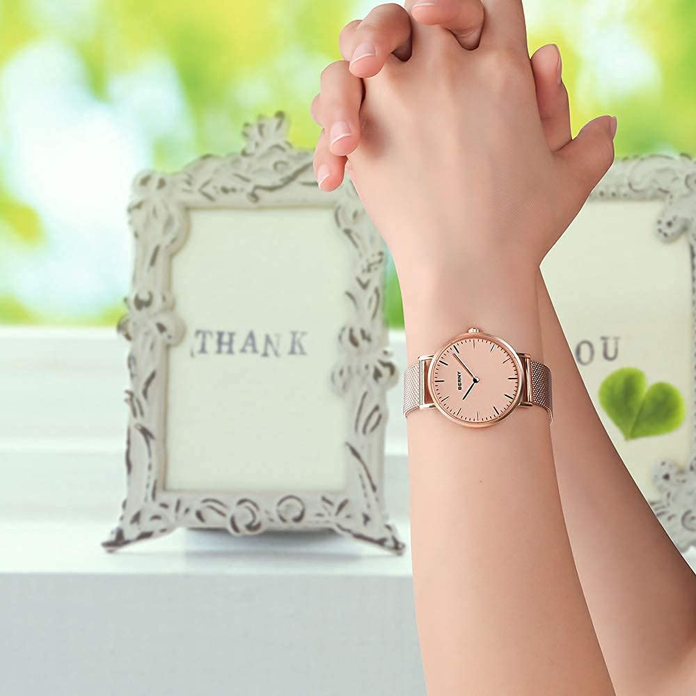 BERNY Women's Rose Gold Minimalist Quartz Watch - Ultra-Thin Two-Hand Design with Mesh Strap, Waterproof Fashion Wristwatch for Everyday Wear, Office & Special Occasions