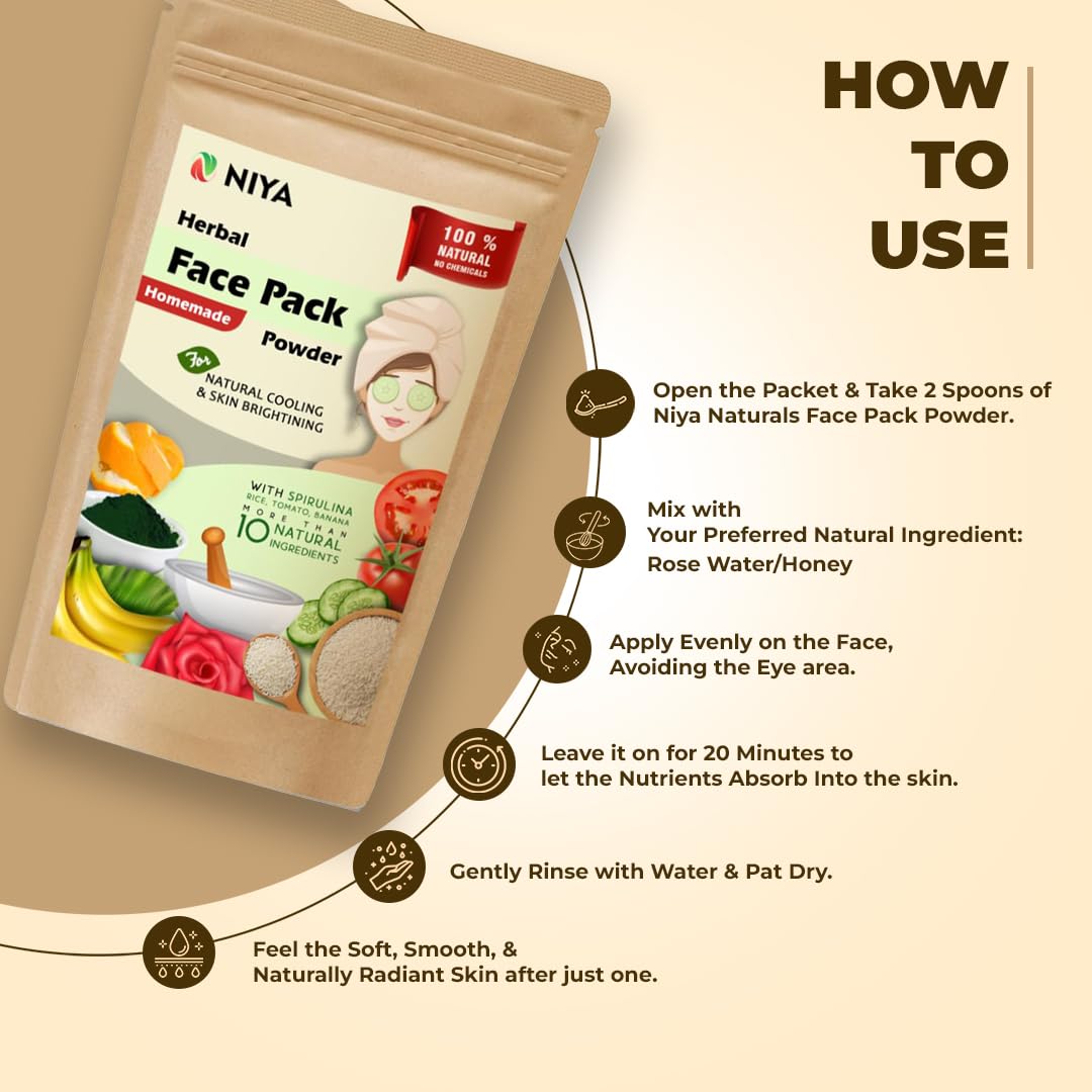 Niya Natural Rice Face Pack with Banana, Spirulina & Multani Mitti - 100g Pure Natural Herbal Facial Mask for Glowing Skin | Detox & Brightening Treatment for Daily Skincare Routine