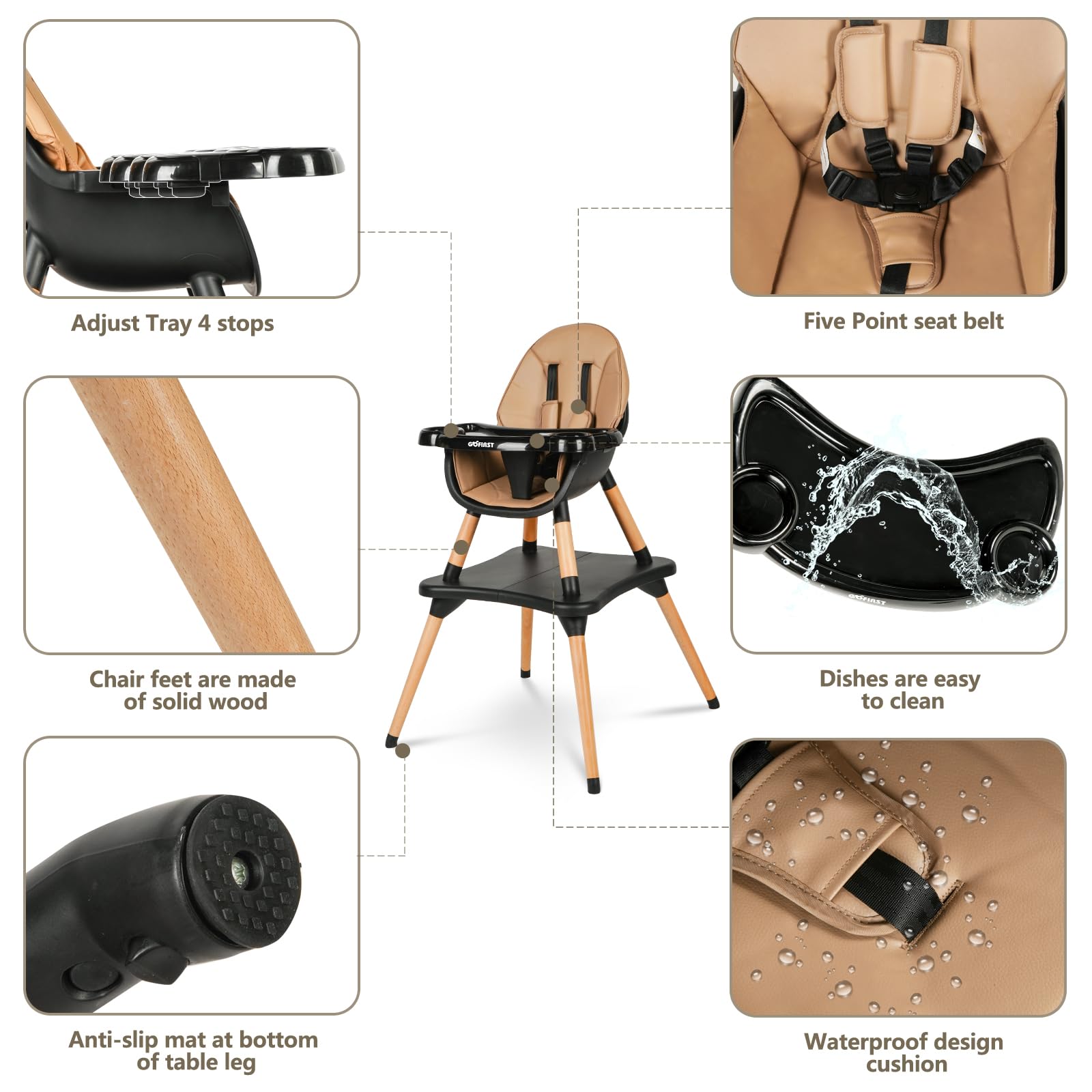 Gofirst 6-in-1 Convertible Wooden High Chair for Babies & Toddlers - Adjustable Infant Dining Booster Seat with Building Block Table & 4-Position Removable Feeding Tray - Perfect for Home, Restaurant & Travel Use