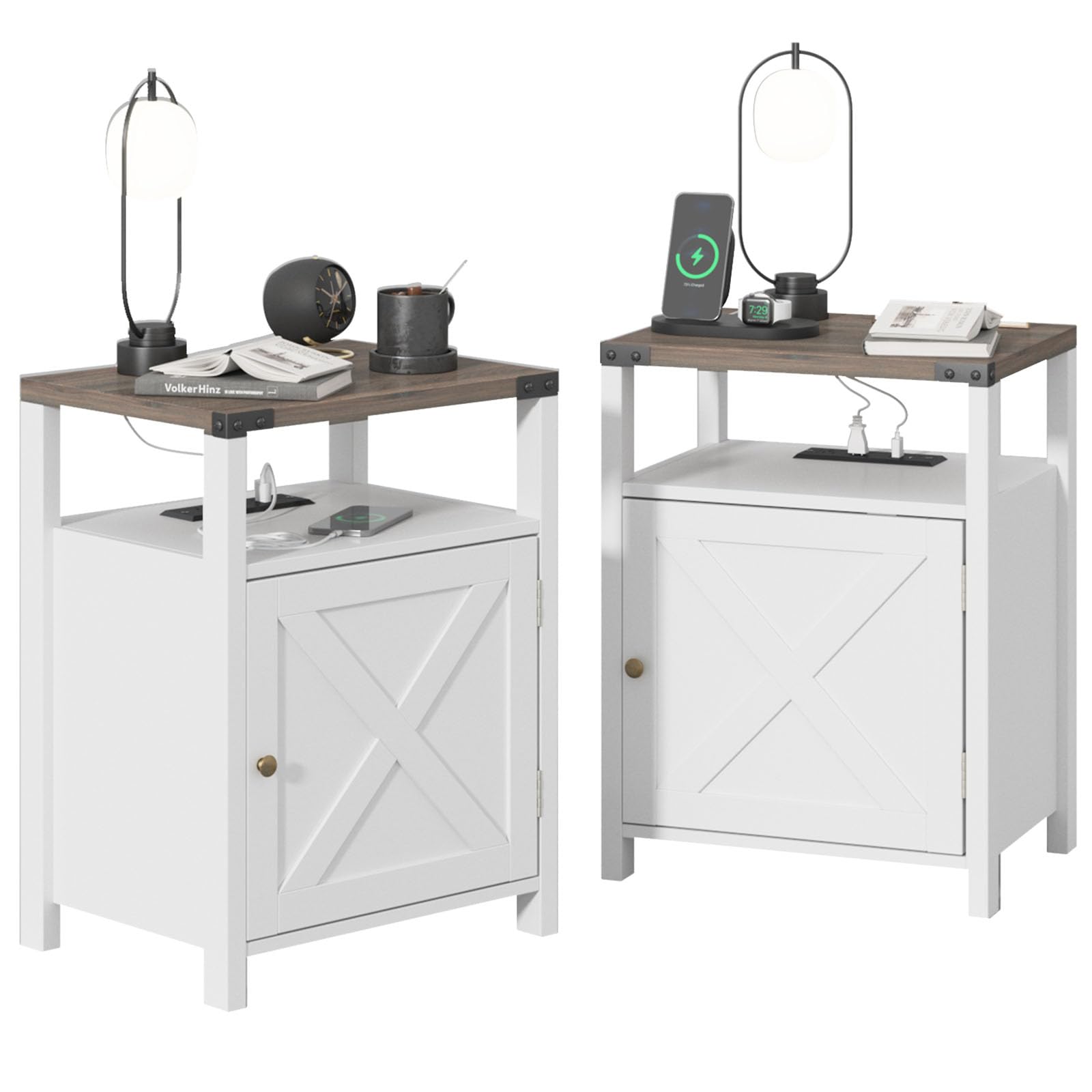 2-Piece Farmhouse Nightstand Set with USB Charging Station & Outlets - White Bedside Tables with Storage Cabinet for Bedroom & Living Room - Perfect for Small Spaces & Modern Home Decor