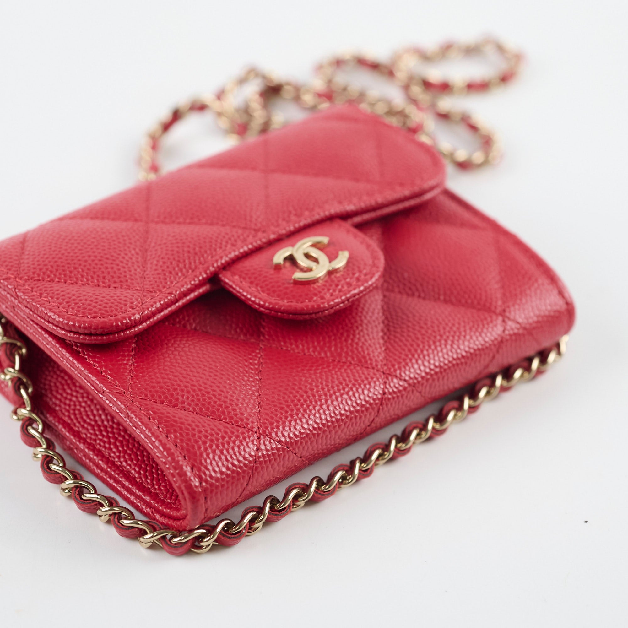 Chanel Caviar Leather Quilted Flap Card Holder with Chain - Red Series 31 | Luxury Wristlet Wallet for Women | Perfect for Parties, Date Nights & Everyday Use