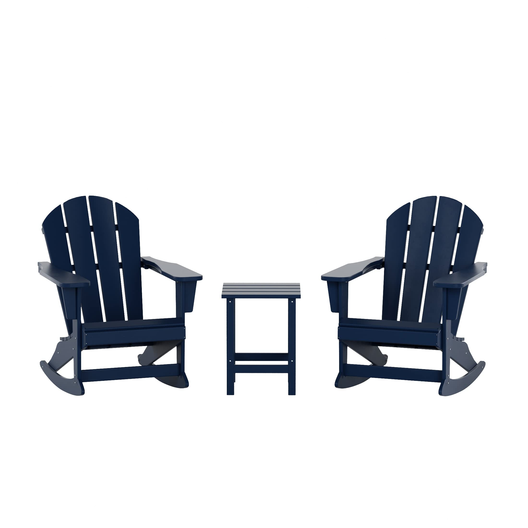 WestinTrends Malibu 3-Piece Outdoor Rocking Chair Set - All-Weather Poly Lumber Patio Furniture, Navy Blue Adirondack Rocking Chairs (Set of 2) with Side Table - Perfect for Porch, Garden, Backyard & Poolside Relaxation