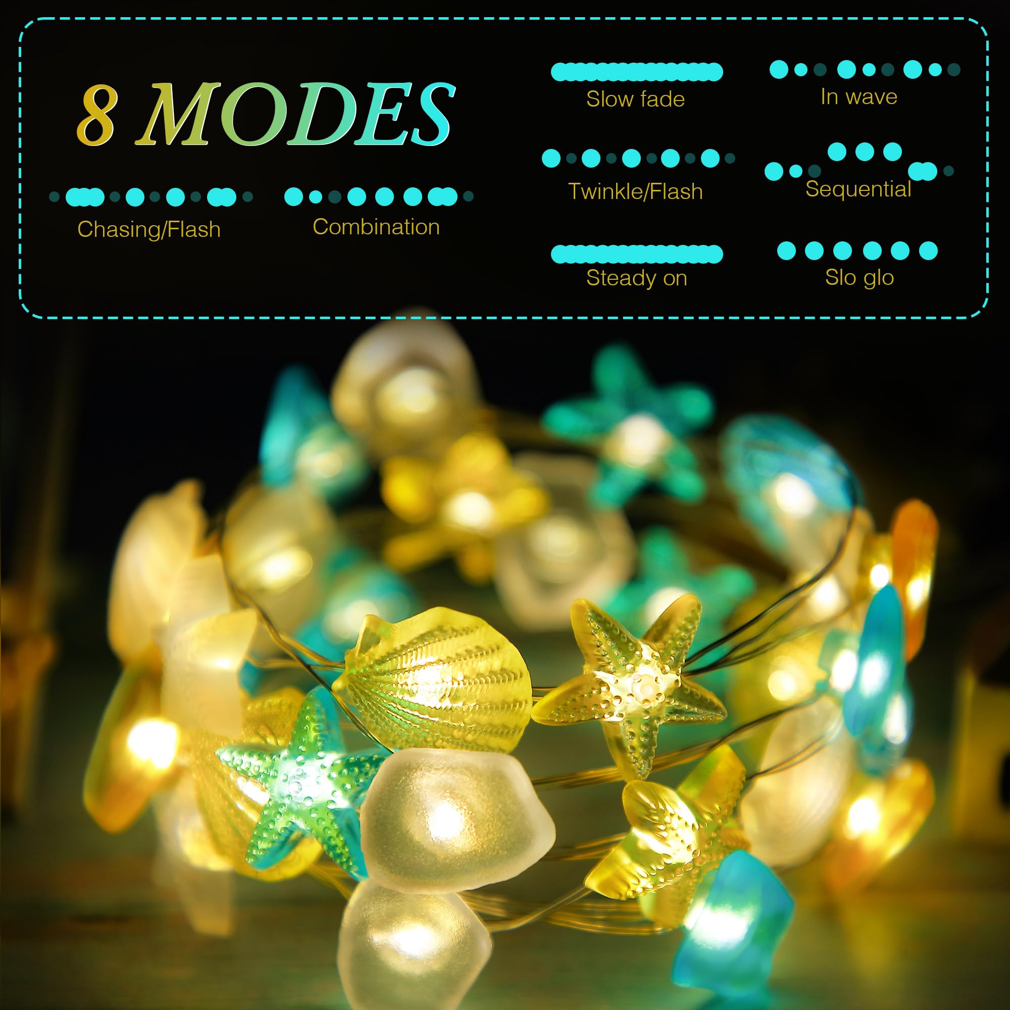 Ocean Themed Fairy String Lights - 10 FT 30 LED Battery Operated Decorative Lights with Starfish & Seashell Design, 8 Lighting Modes for Summer Room Decor, Beach Party, Bathroom, Nursery, Outdoor Patio & Wedding Decorations
