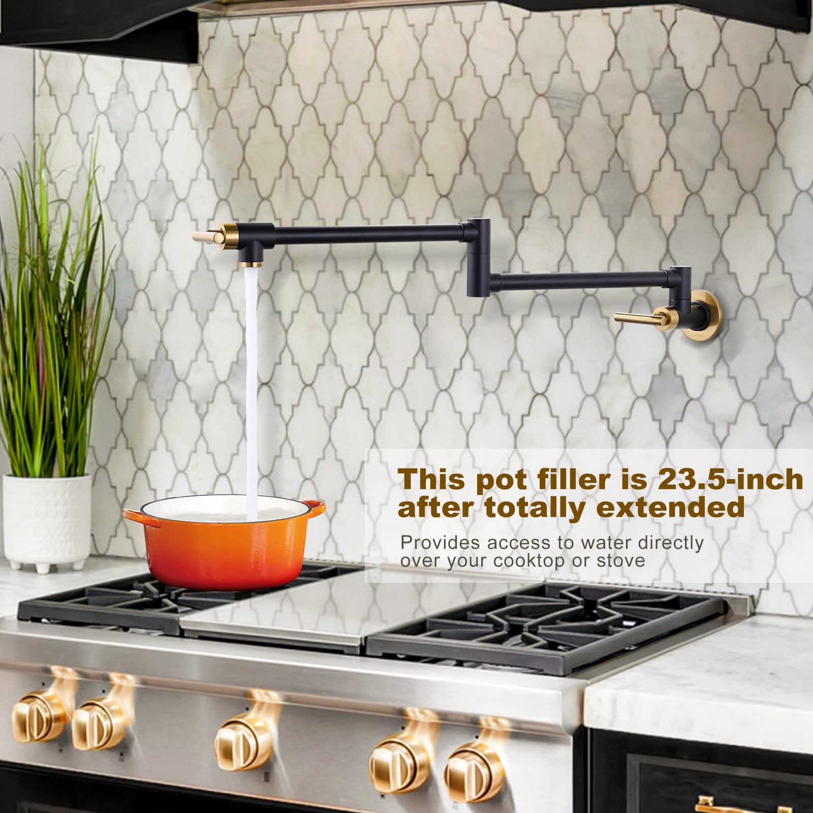 Premium Solid Brass Wall Mount Pot Filler Faucet - Black & Gold Commercial Kitchen Faucet with Stretchable Double Joint Swing Arm for Stove & Sink - Ideal for Restaurants, Home Kitchens & Cooking Enthusiasts