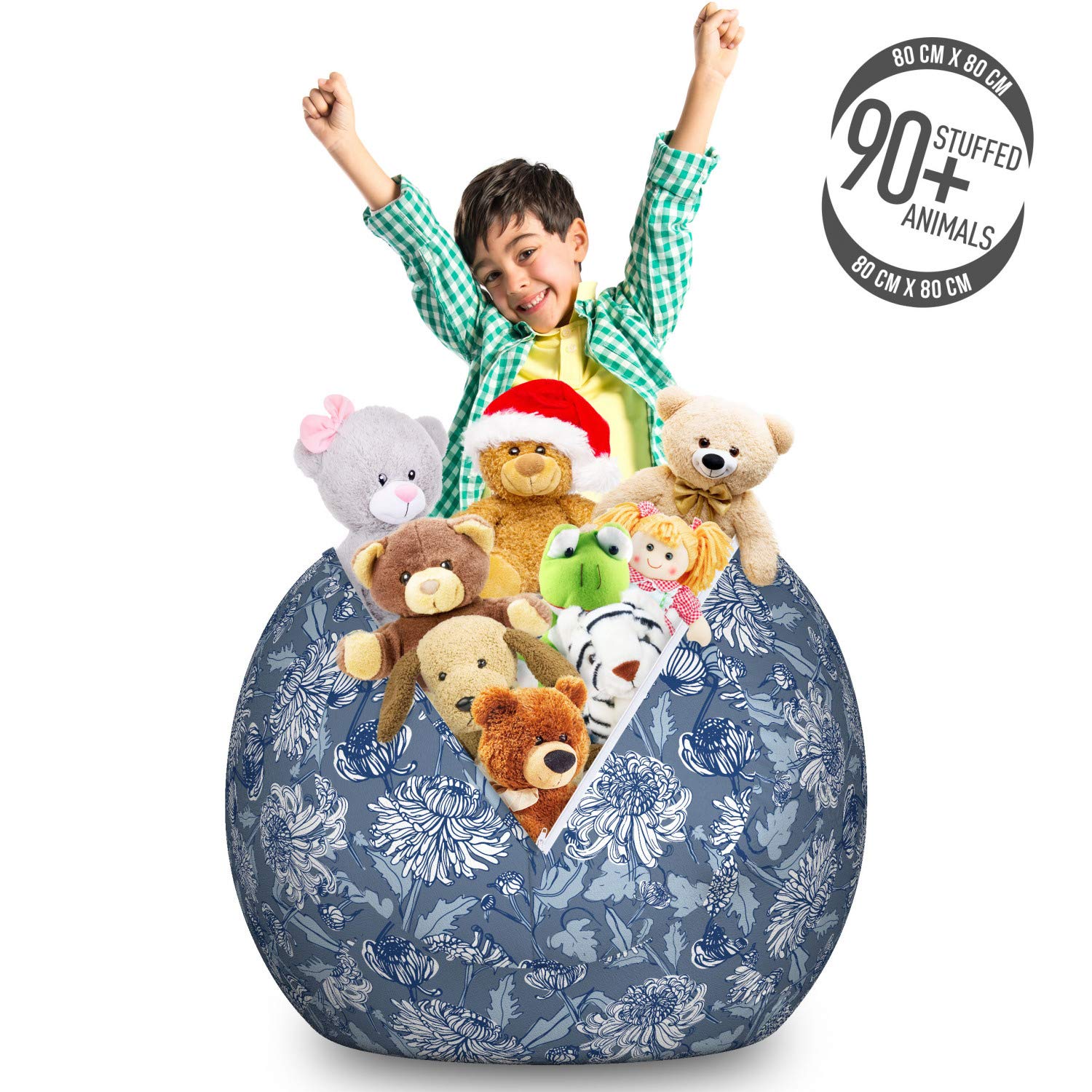 Ambesonne Floral Toy Storage Bag Chair - Large Washable Stuffed Animal Organizer with Chrysanthemum Sketch Design in Blue Grey Slate | Perfect for Kids' Room, Nursery Organization & Playroom Decor