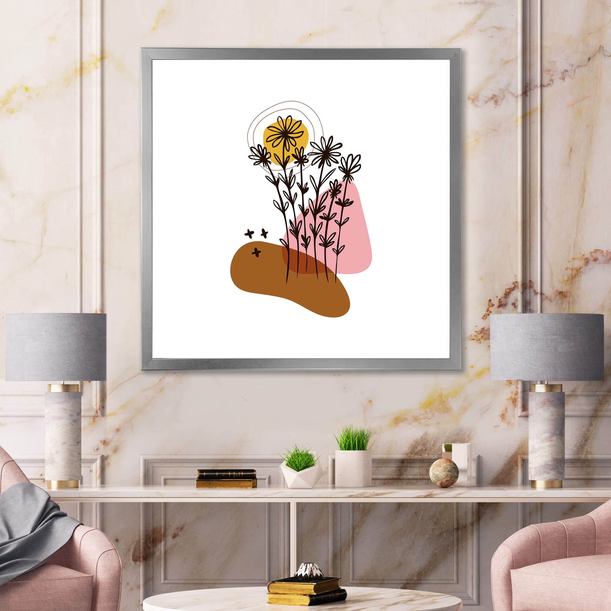 DesignQ Modern Abstract Floral Wall Art - Elementary Shapes & Botanical Prints Framed Canvas for Living Room, Bedroom & Office Decor