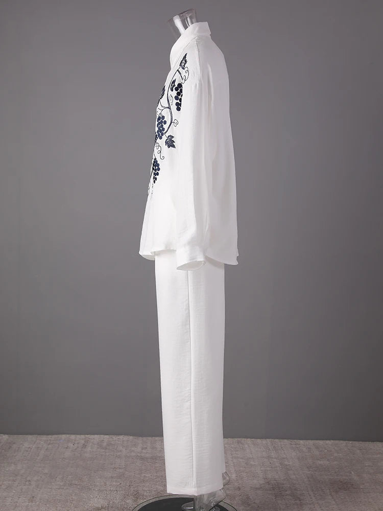 Stylish Big Size Embroidery Shirt & Wide Leg Pants 2-Piece Suit for Women | Lapel Long Sleeve Fashion Set | Trendy Spring & Autumn Outfit 2025 | Perfect for Office, Dating & Special Occasions