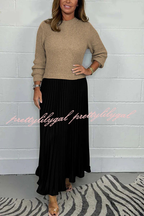 Stylish Knitted Round Neck Long Sleeve Patchwork Pleated Hem Maxi Dress for Women | Elegant Boho Chic Winter Dress | Perfect for Holiday Parties, Date Nights & Casual Outings