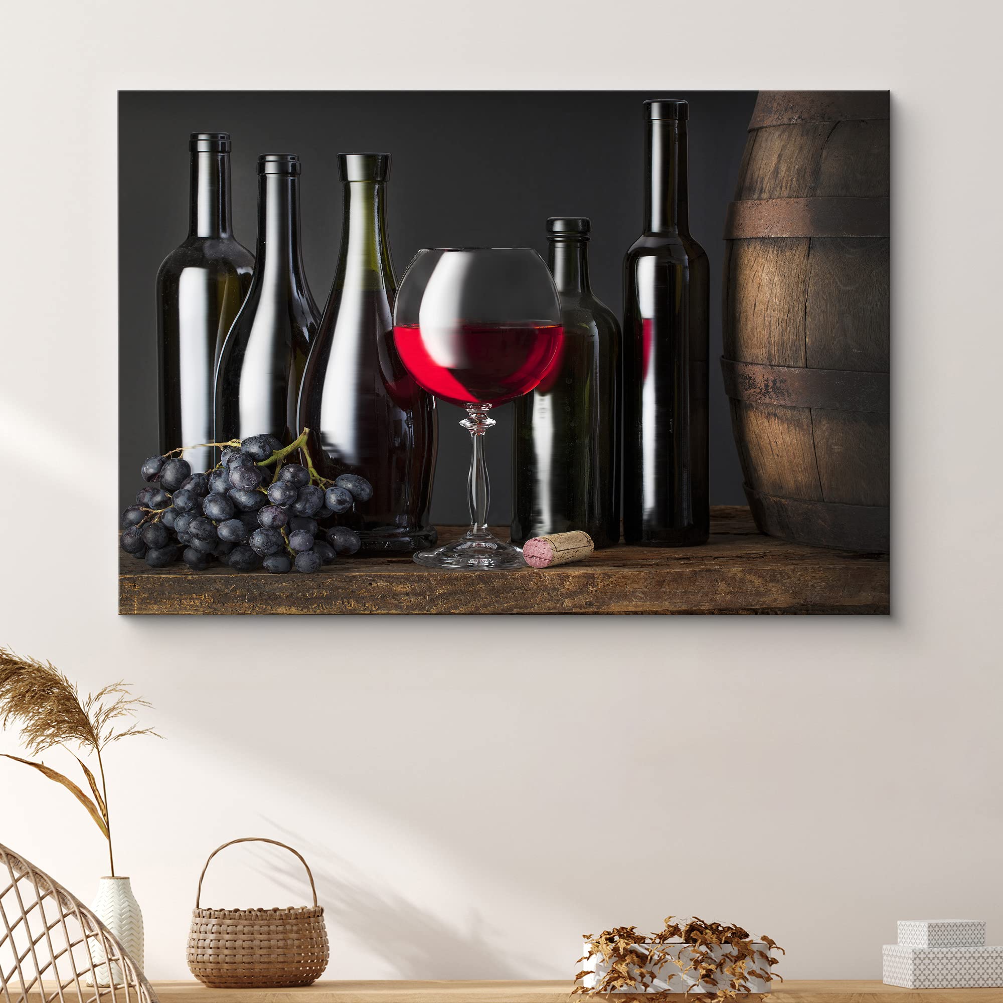 Red Wine Bottles & Purple Grapes Canvas Print Wall Art - Modern Chic Scenic Photography for Living Room, Bedroom, Office Decor - 32x48 Inch Ultra HD Home Decoration | Perfect for Wine Bars, Dining Rooms & Gift Giving