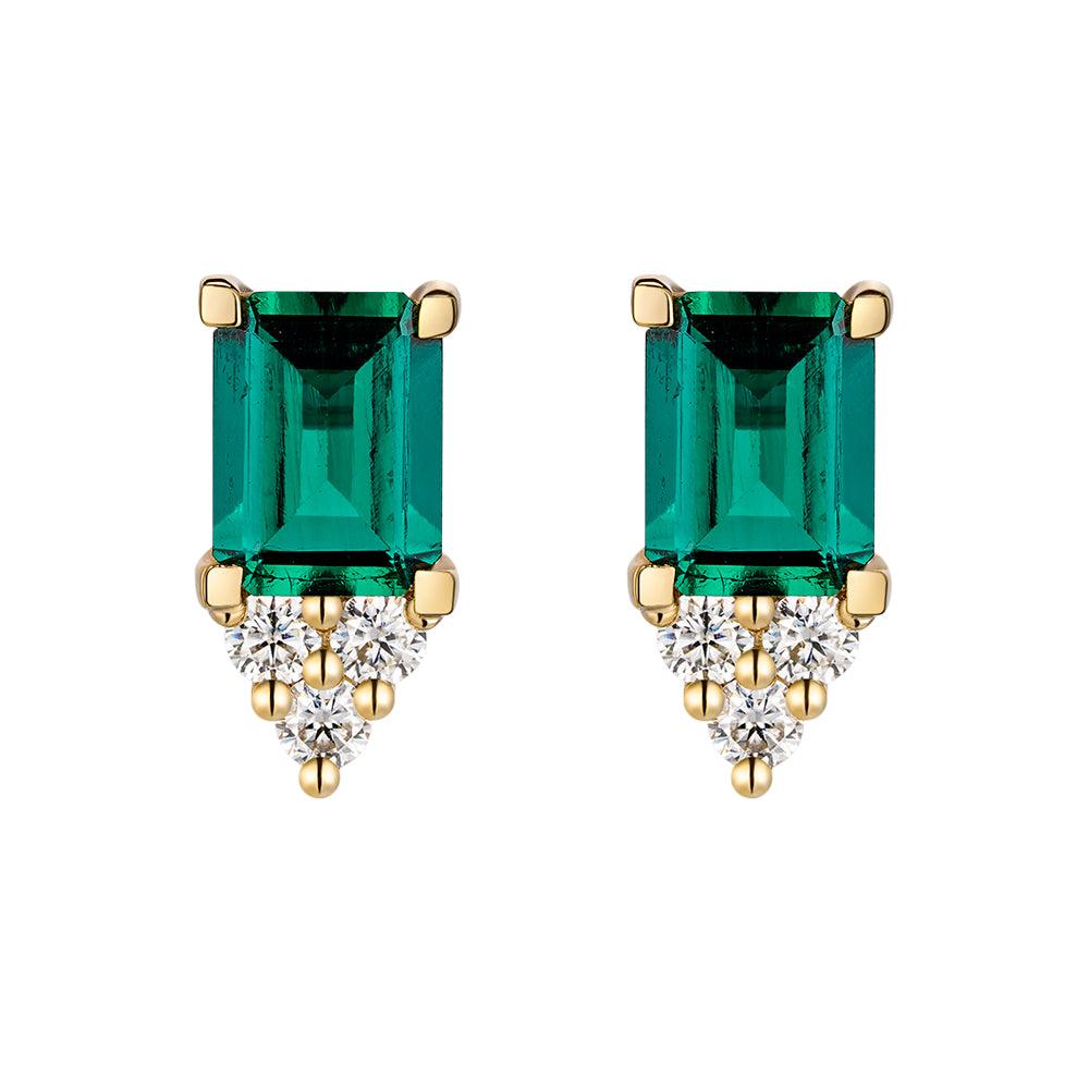 4 Carat Emerald Cut Green Emerald Stud Earrings with Trio Moissanite Diamonds - Elegant Wedding, Anniversary & Evening Party Jewelry Gift for Women