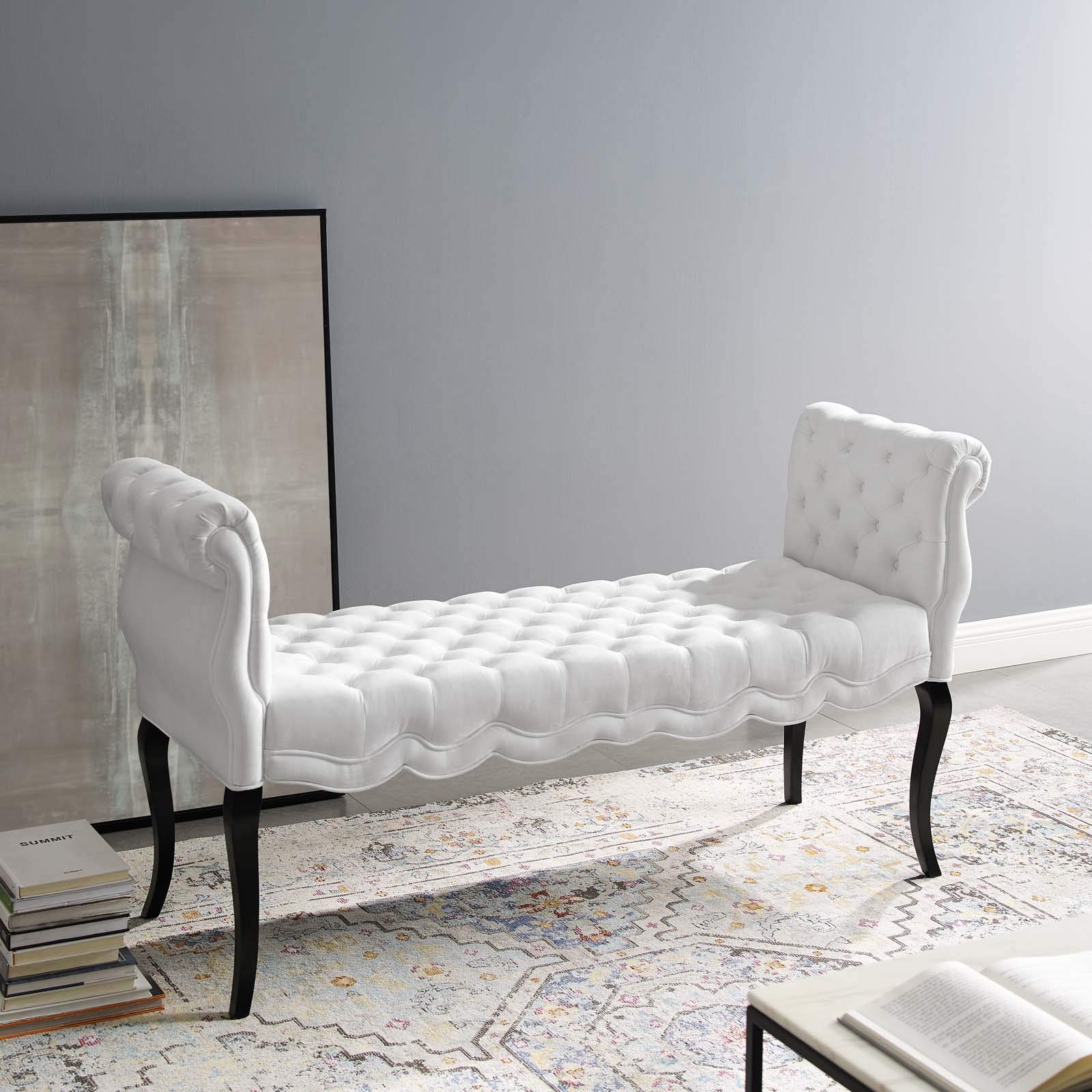 Modway Adelia Chesterfield Style Performance Velvet Entryway Bench - White Velvet Upholstered Sofa Bench for Hallway, Living Room & Bedroom Decor