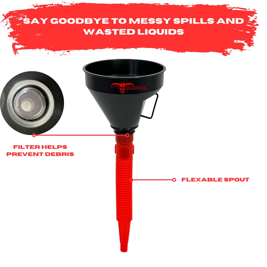 Pit Posse PP3367-Kit Large Wide Mouth Flexible Oil Funnel with Holder, Strainer & Handle - Perfect for Automotive Oil Changes, Diesel, Kerosene, Gas & Coolant Transfer - Ideal for DIY Car Maintenance, Motorcycle Care & Garage Use