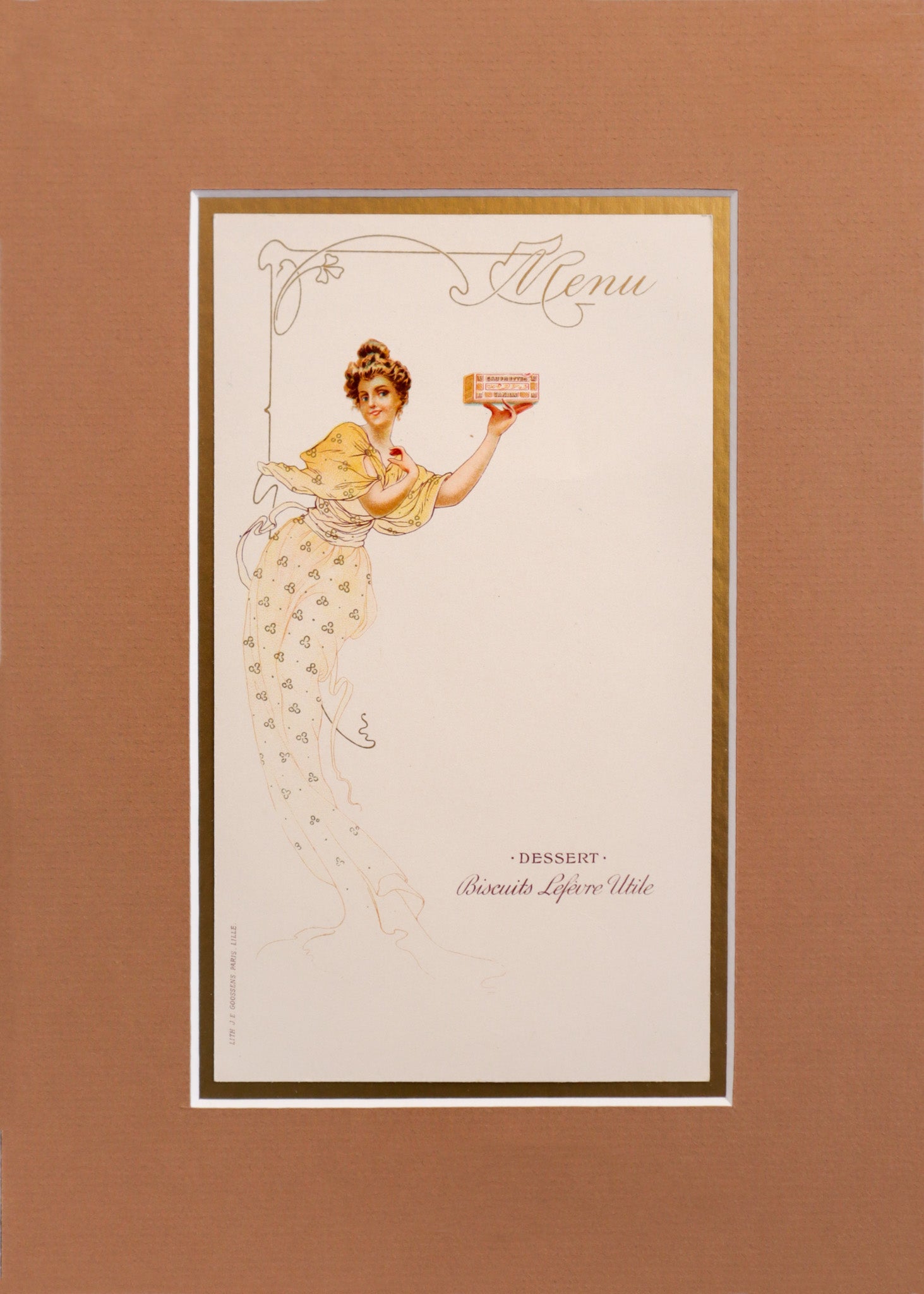 1900 Original French Advertising Menu - Vintage Woman in Yellow Dress Holding Pink Box - Matted & Framed - Perfect for Home Decor, Antique Collectors & French History Enthusiasts