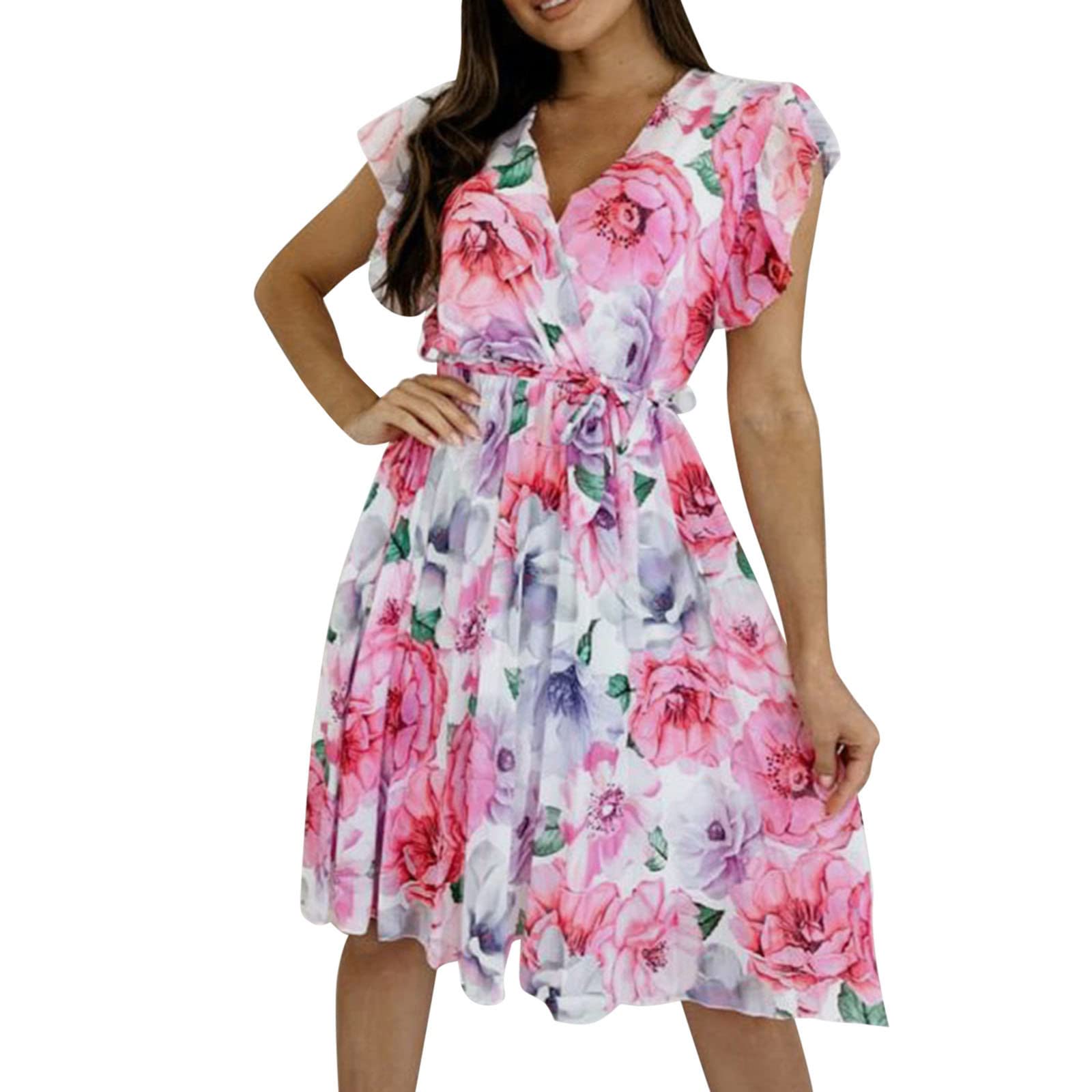 Women's Sleeveless Floral Mini Dress with Pockets - V Neck Boho Summer Casual Dress for Beach, Vacation & Outdoor Activities