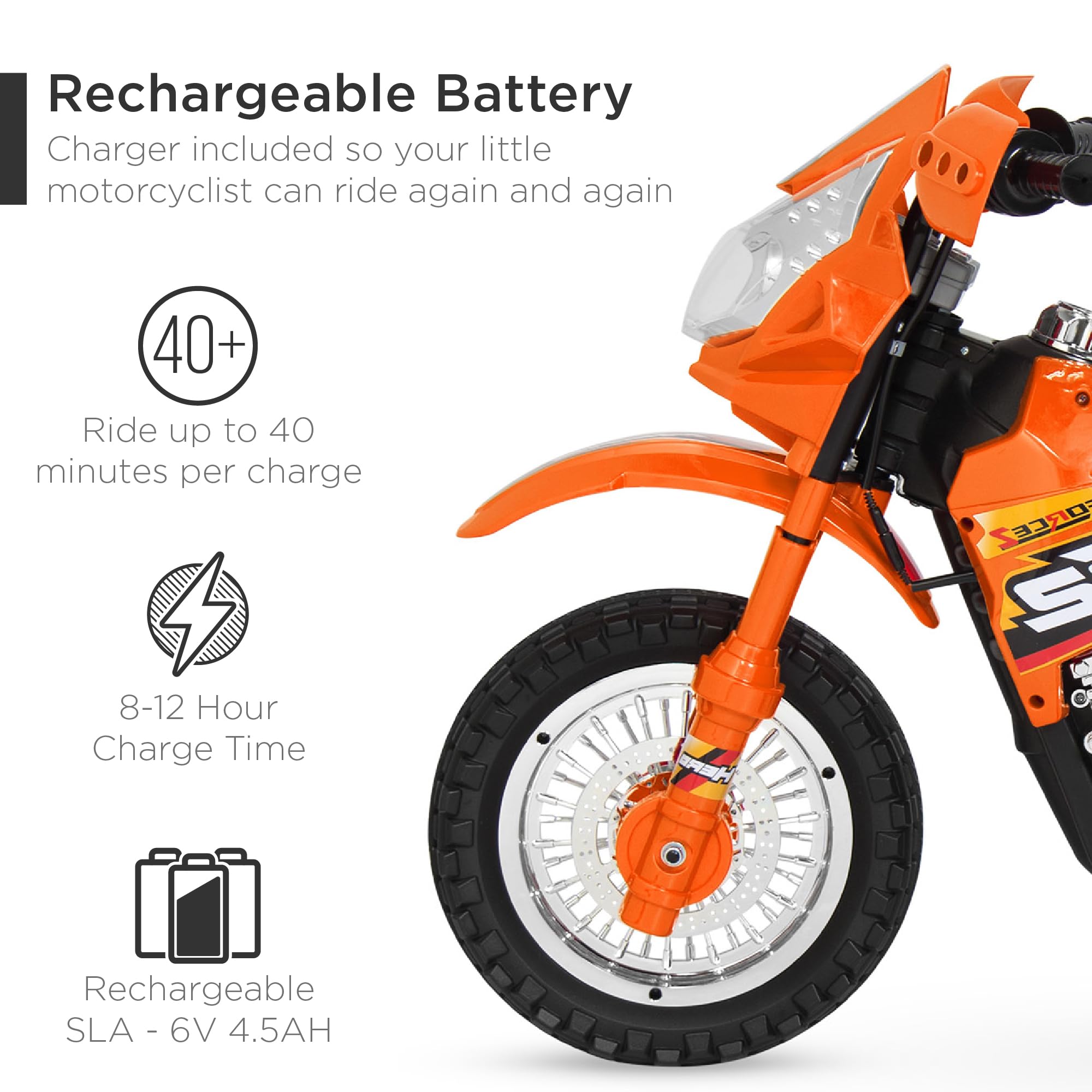 Best Choice Products 6V Kids Ride On Motorcycle with Treaded Tires, Working Headlights & Realistic Sounds - 2mph Top Speed, Training Wheels, Music Player & Battery Charger - Orange Toy Motorcycle for Boys & Girls - Perfect for Outdoor Play, Birthday Gifts & Pretend Driving Fun