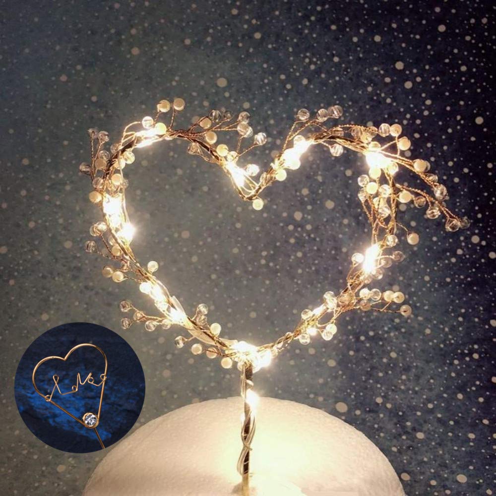 Heart-Shaped LED Glow Cake Topper Set - 2PCS Pearl Cake Decorations for Birthday, Wedding, Anniversary & Romantic Parties - Perfect for Creating a Festive and Magical Atmosphere