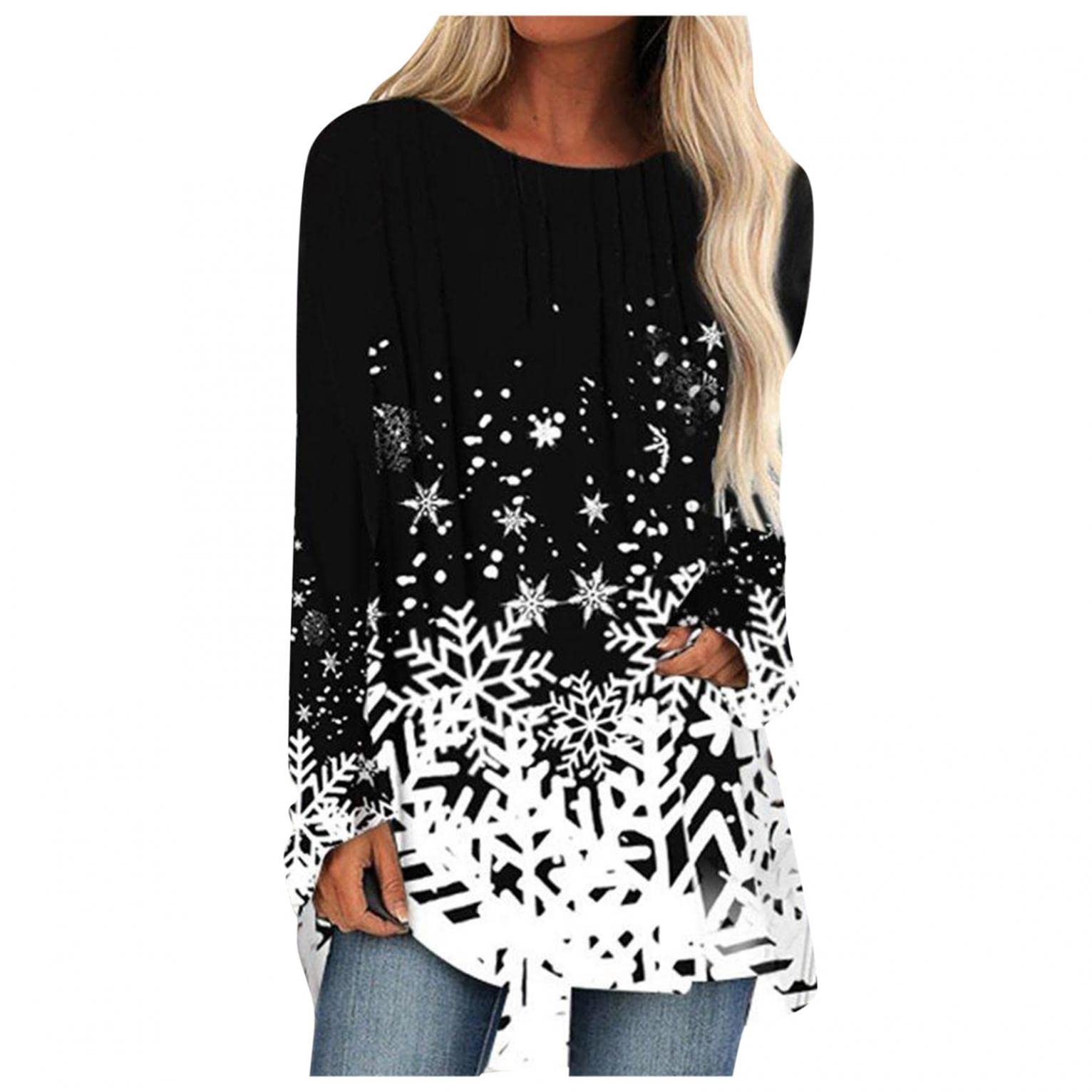 Women's Long Sleeve Casual Portrait Print Tunic Tops - Fall Fashion Blouse Pullover Shirt for Work, Travel & Everyday Wear
