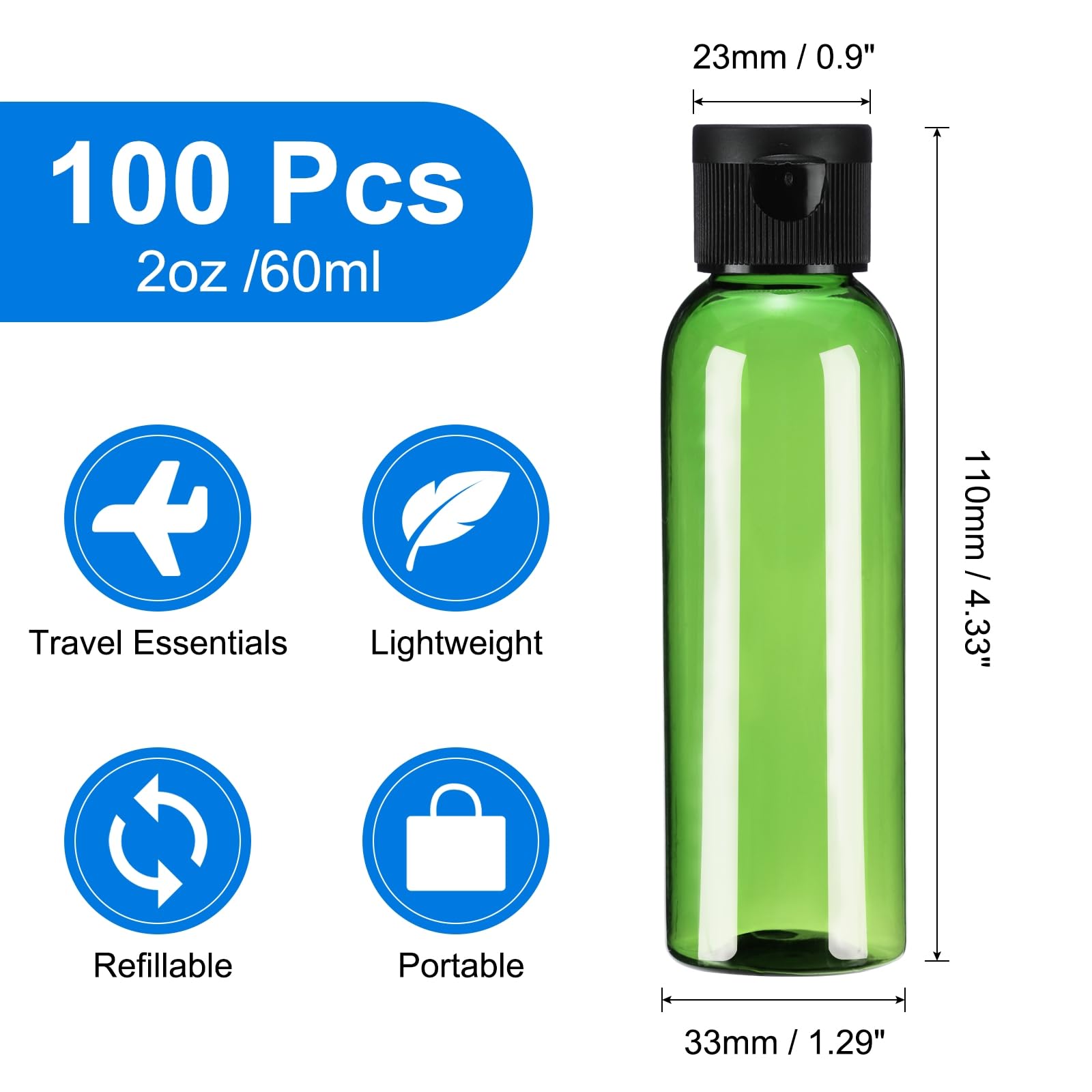 uxcell 2 Oz (60ml) Plastic Travel Bottles with Flip Top Caps - 100 Pack Reusable Refillable Squeeze Containers for Shampoo, Body Wash, Lotion & Cosmetics - Perfect for Travel, Gym, Camping & Toiletry Organization (Green & Black)