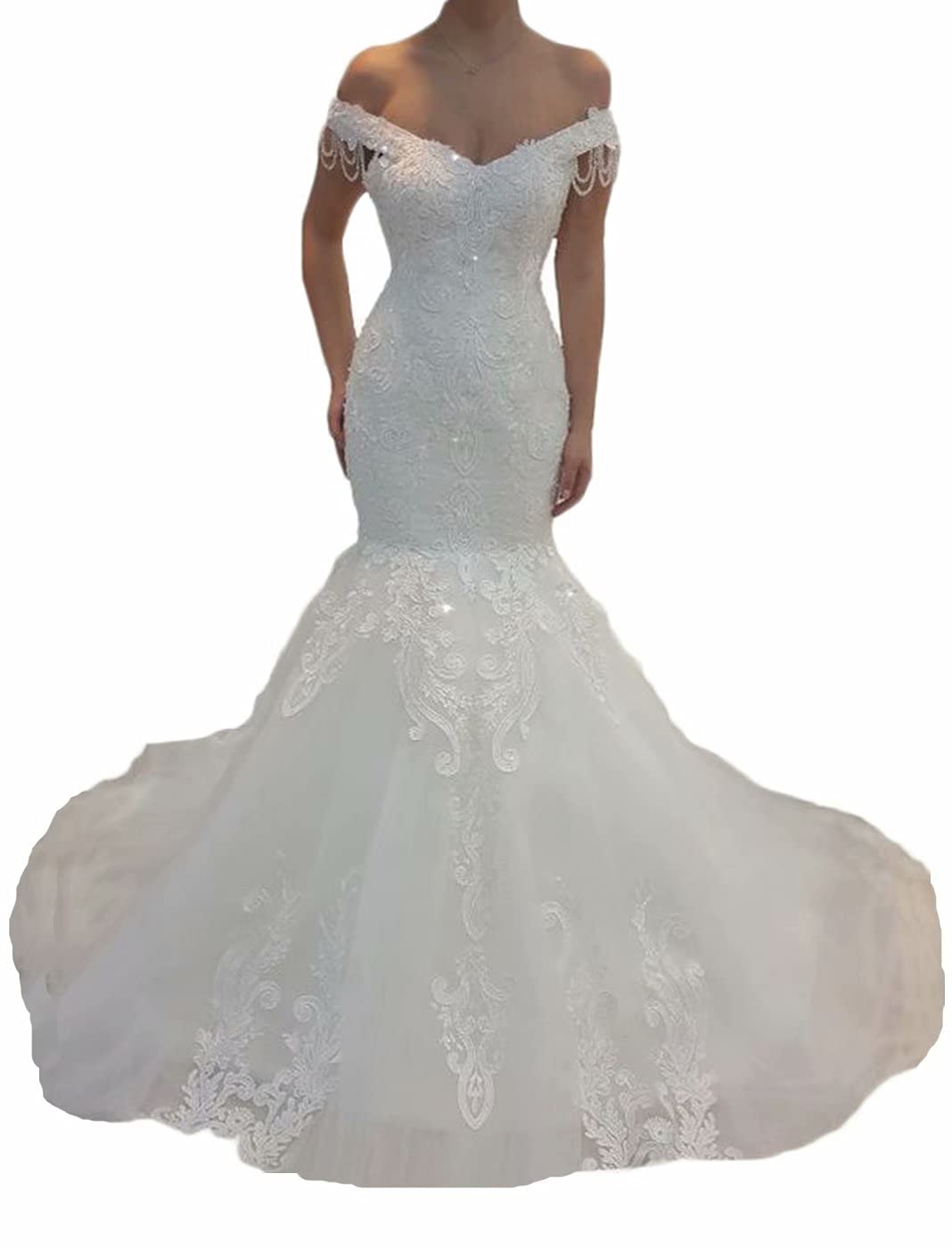 Off The Shoulder Mermaid Wedding Dress with Beaded Appliques & Detachable Train - Elegant Bridal Gown for Beach, Church, and Formal Wedding Ceremonies