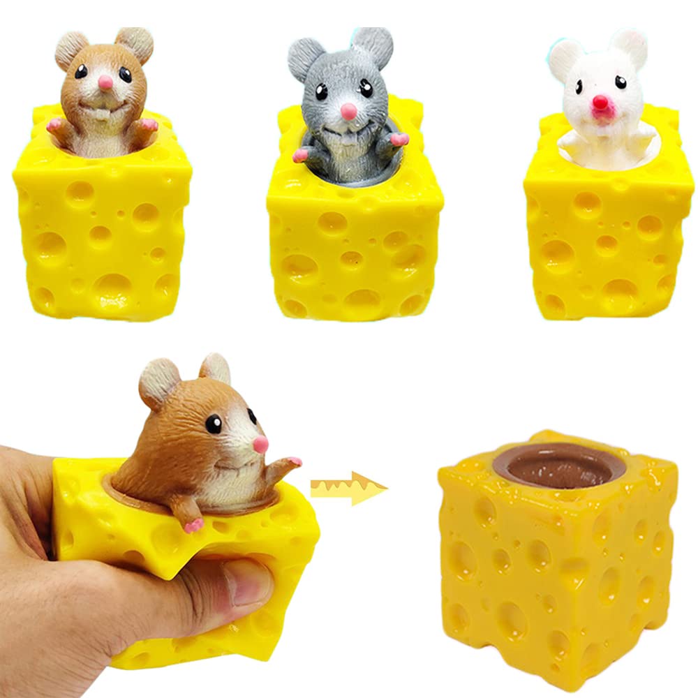 3PCS Cute Animal Squishy Toys - Stress Relief Fidget Toys for Kids & Adults with Anxiety, ADHD - Cheese Cup Mice & Squirrel Squeeze Sensory Toys - Perfect for Birthday Party Favors, Classroom Rewards, and Office Desk Stress Relief