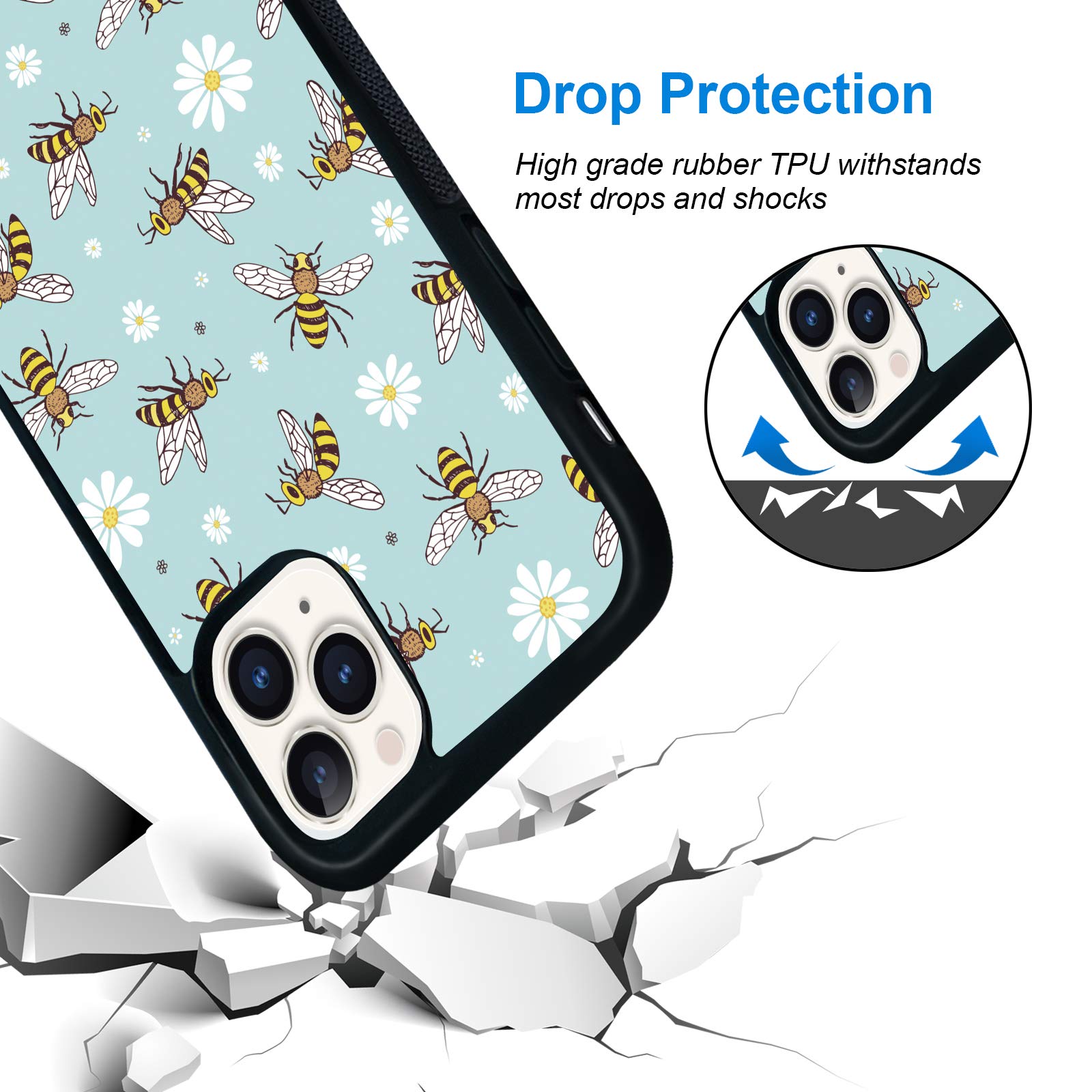Shockproof Cute Daisy Phone Case for iPhone 11 Pro Max 6.5 Inch - Protective Bee Design Cover for Women, Men, Kids (Blue/Yellow) | Perfect for Outdoor Activities, School & Daily Use